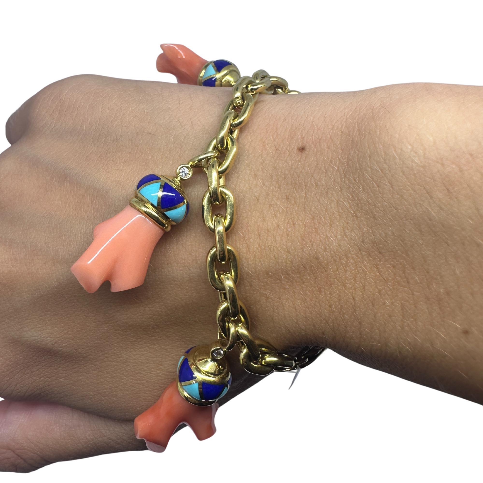Women's 18K Estate Enamel and Coral Charm Bracelet For Sale