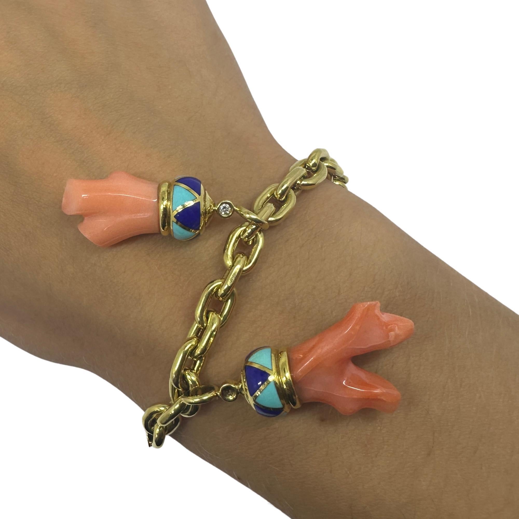 18K Estate Enamel and Coral Charm Bracelet For Sale 1