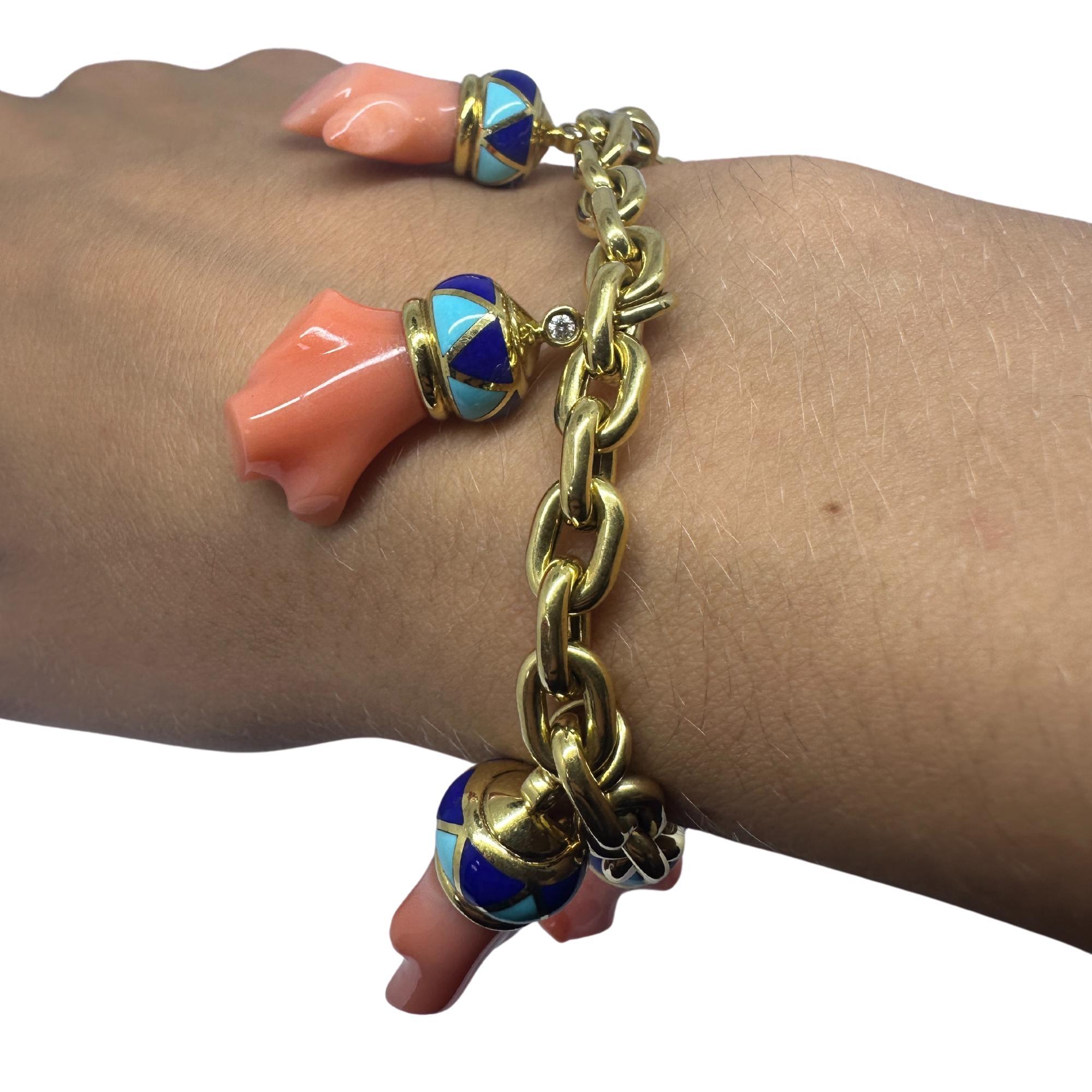 18K Estate Enamel and Coral Charm Bracelet For Sale 2