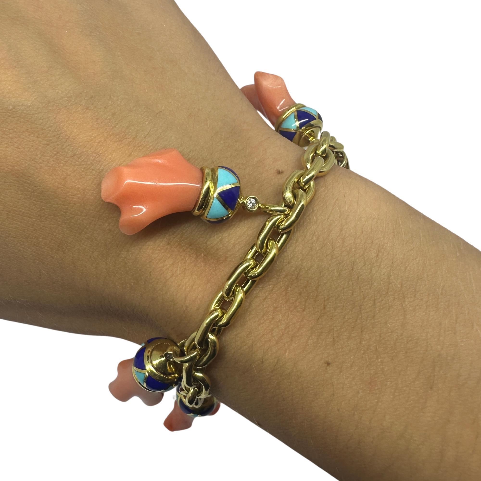 18K Estate Enamel and Coral Charm Bracelet For Sale 3