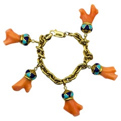 18K Estate Enamel and Coral Charm Bracelet