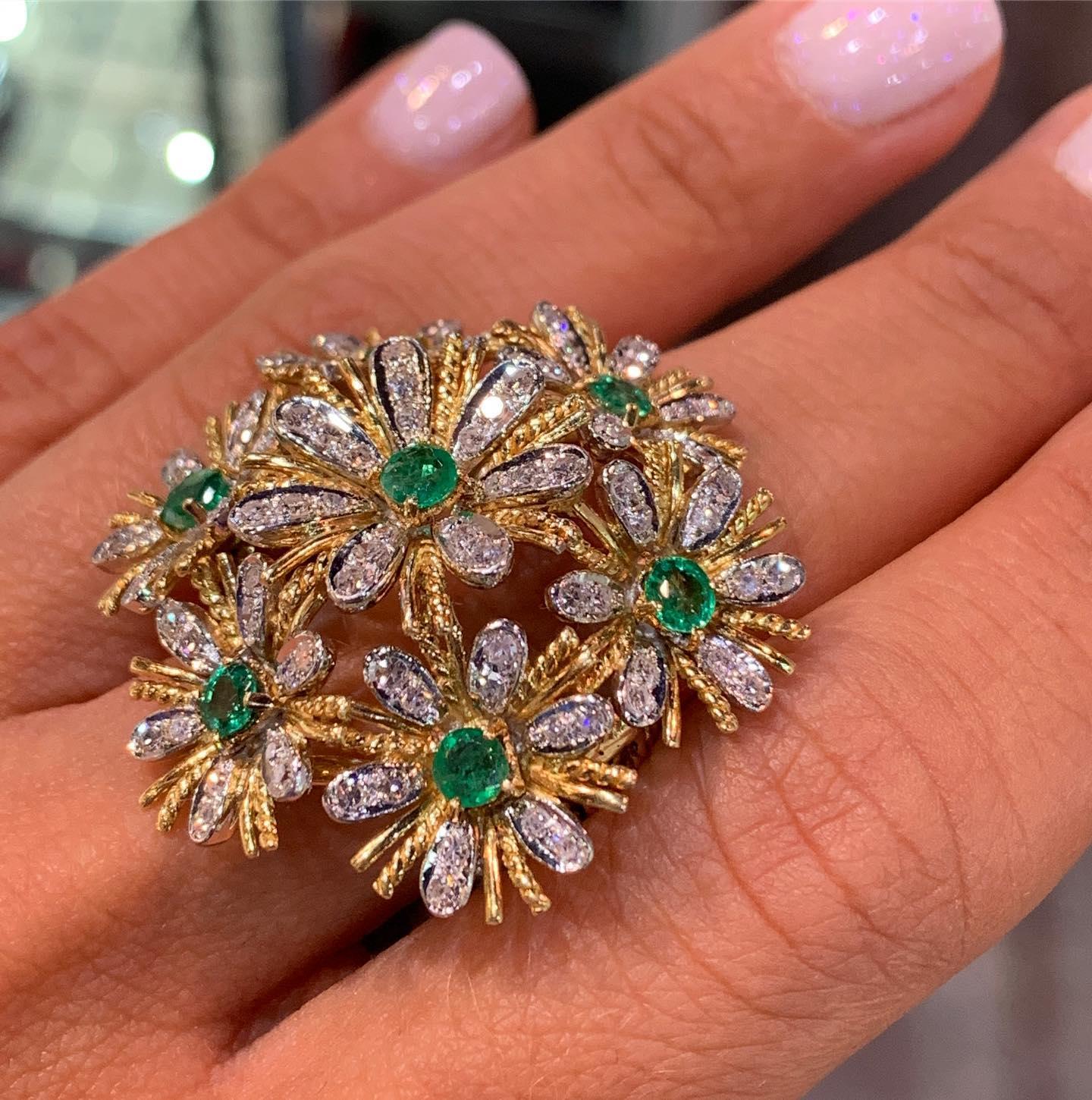 18k Estate Multi-Flower, Diamond and Colombian Emerald Cocktail Ring 2
