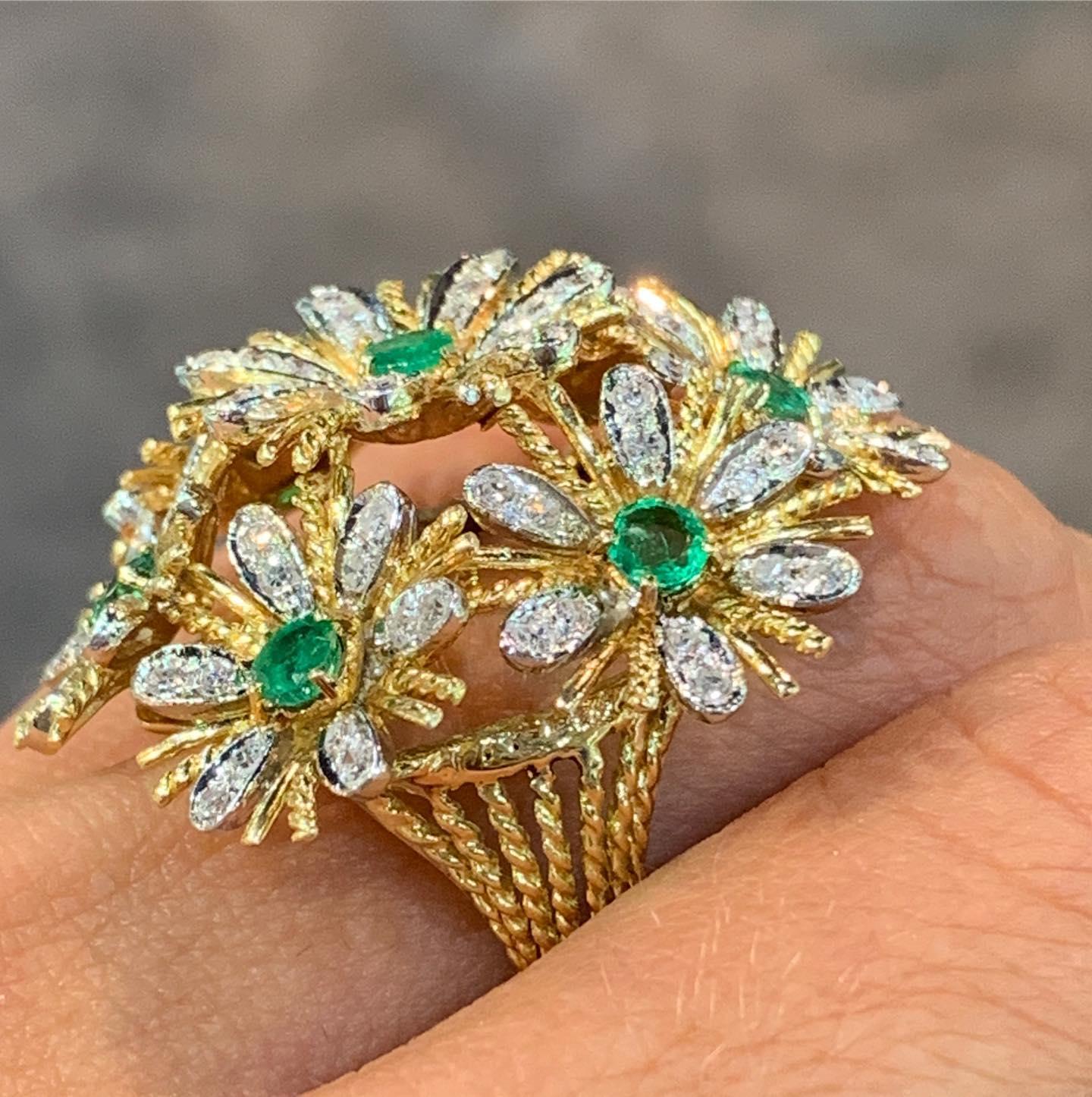 18k Estate Multi-Flower, Diamond and Colombian Emerald Cocktail Ring 3