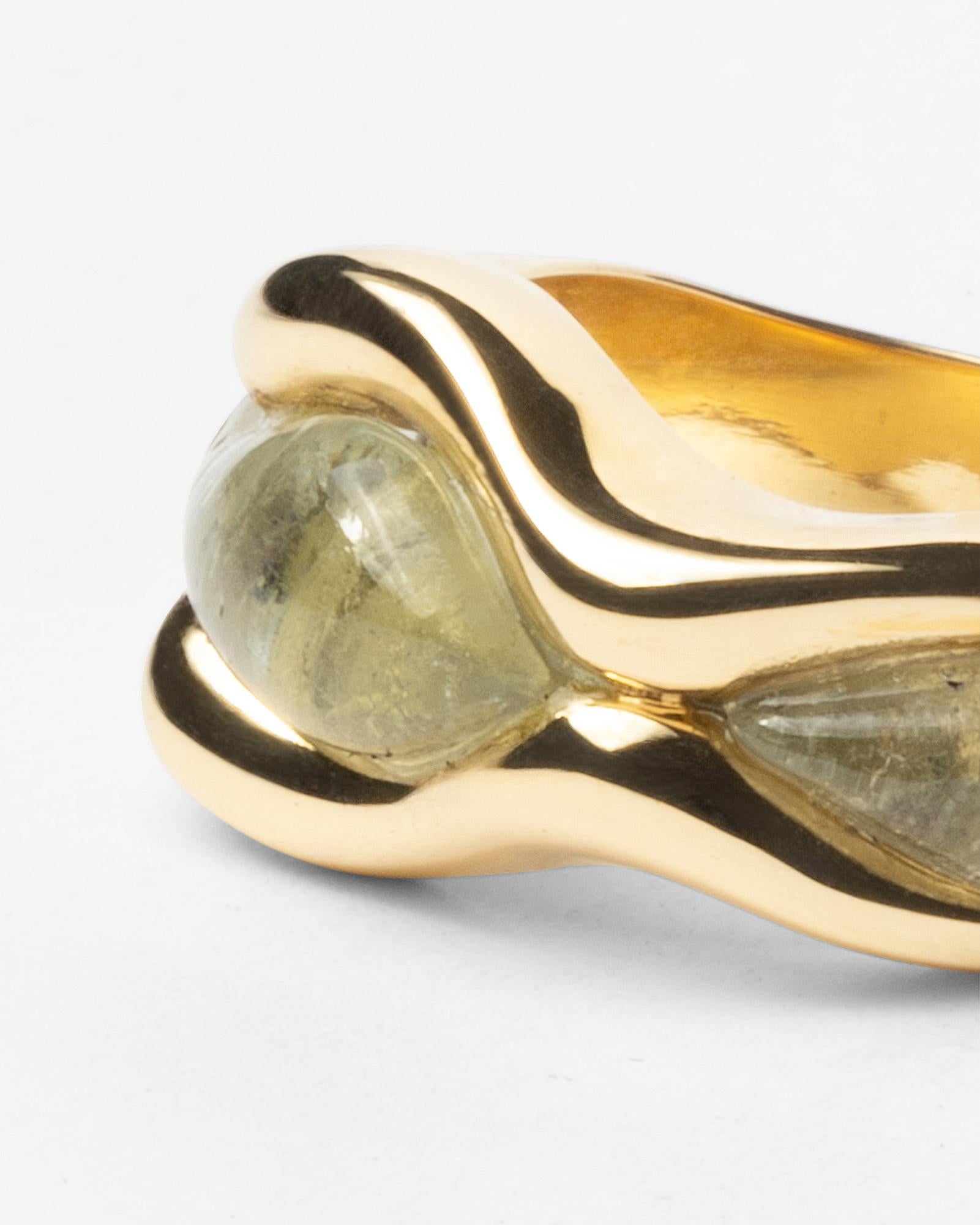 Women's or Men's 18k Ethical Yellow Gold and Aquamarine SU Wave Ring For Sale