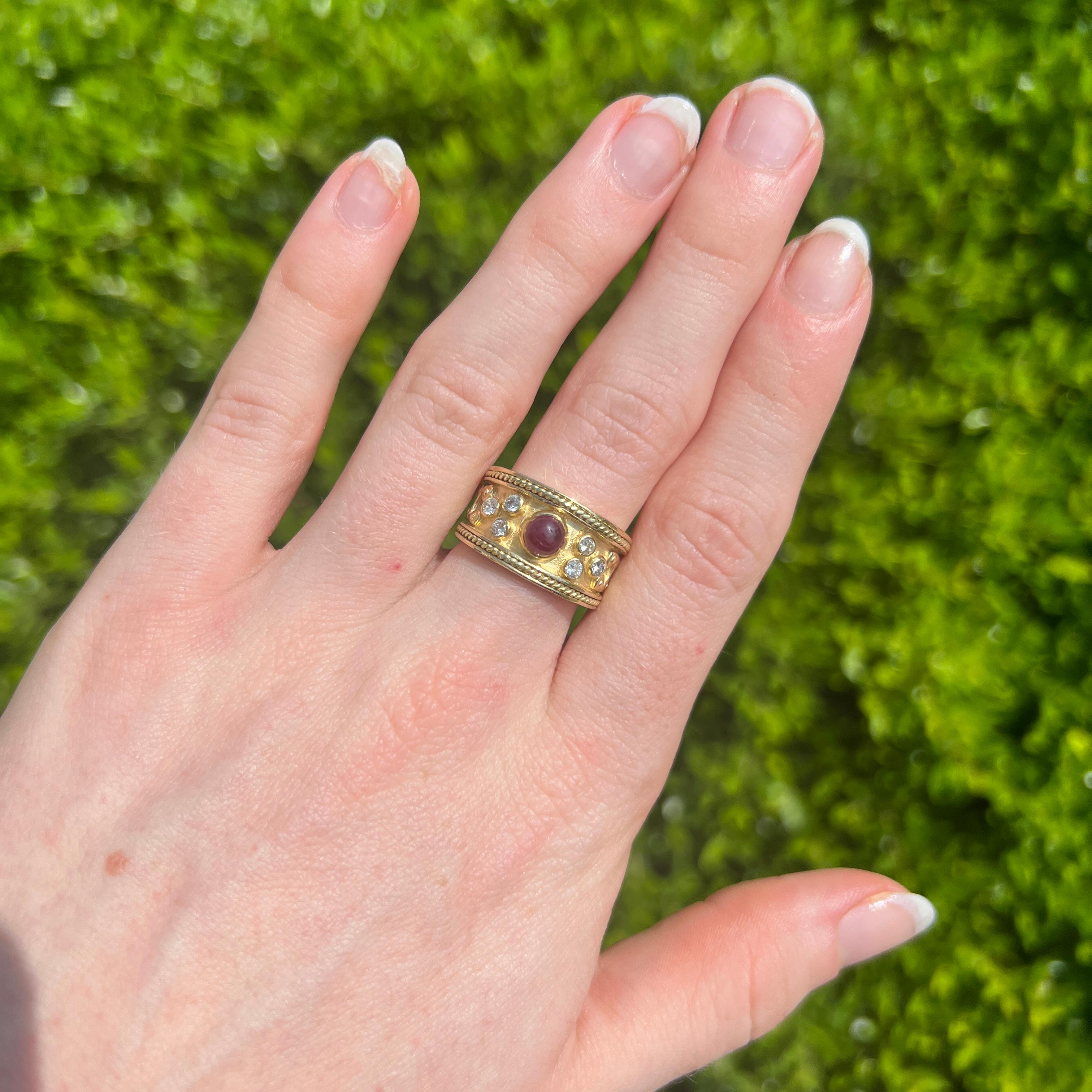 Cabochon 18k Etruscan Ruby Diamond Ring