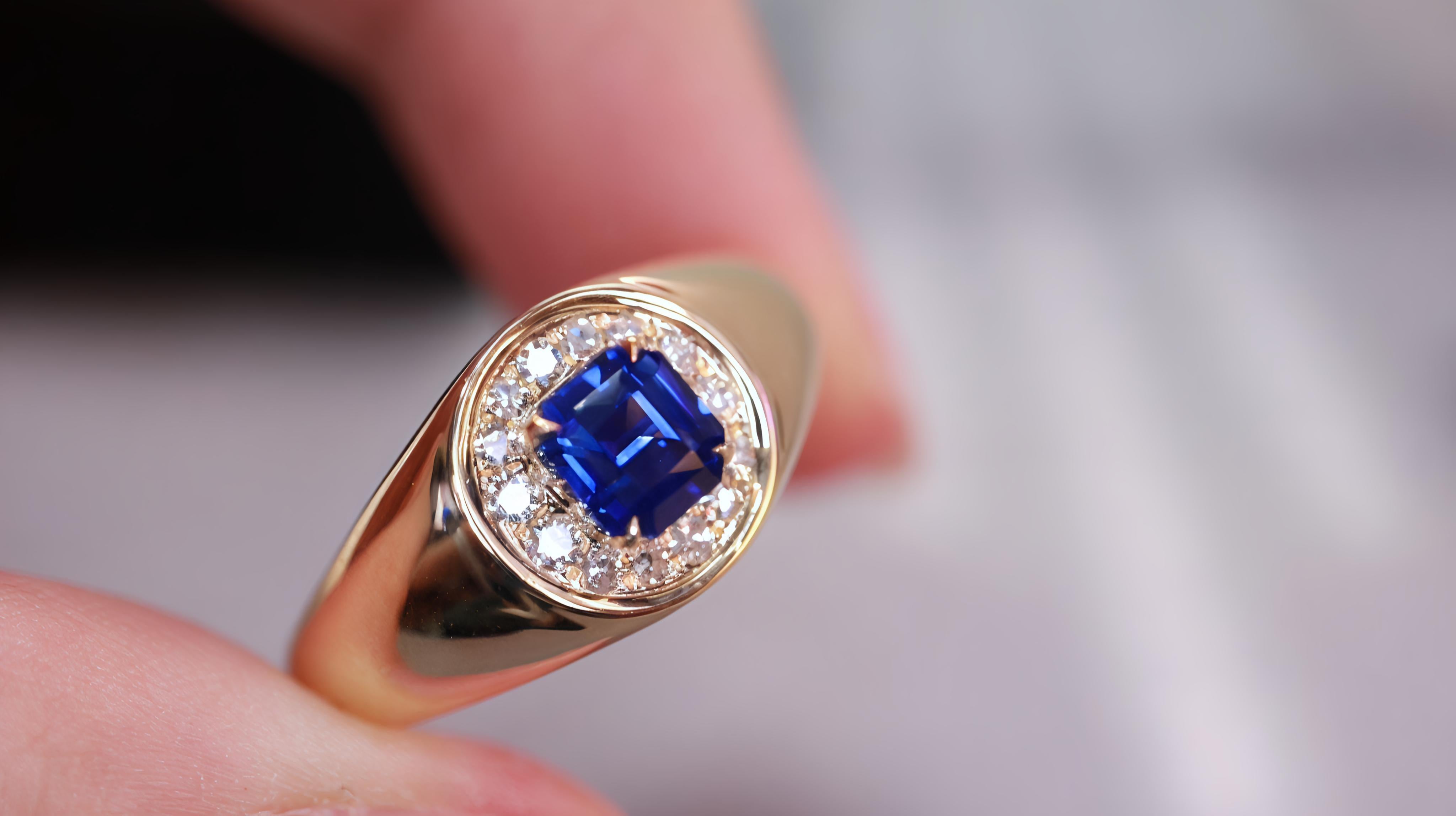 Taglio cuscino antico Anello 18 carati di squisito design con zaffiro blu reale intarsiato e diamanti in vendita