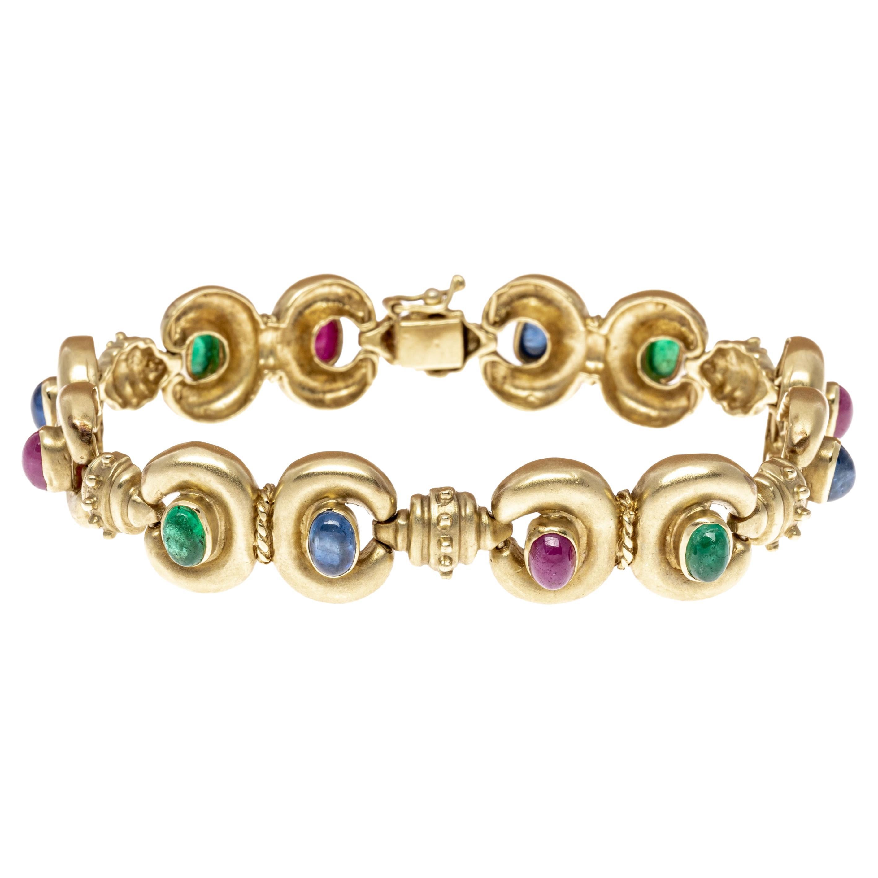 18k Fabulous Cabachon Ruby, Emerald and Sapphire Double "C" Link Bracelet For Sale