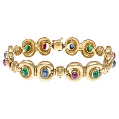 Vintage 18k Fabulous Cabachon Ruby, Emerald and Sapphire Double "C" Link Bracelet