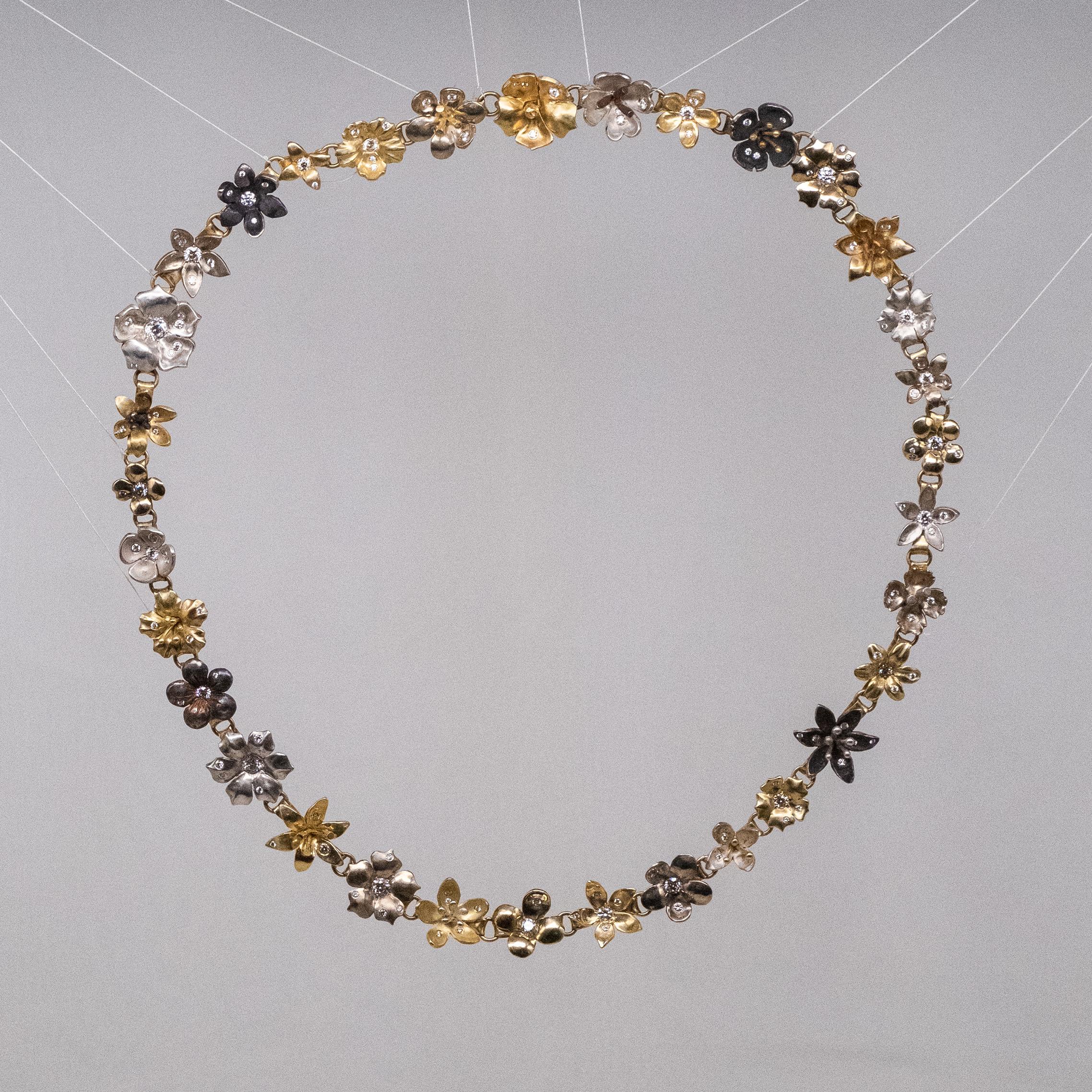 18K Fairmined Gold and Silver, Canadamark Diamonds, Handmade, Flower Necklace For Sale 1