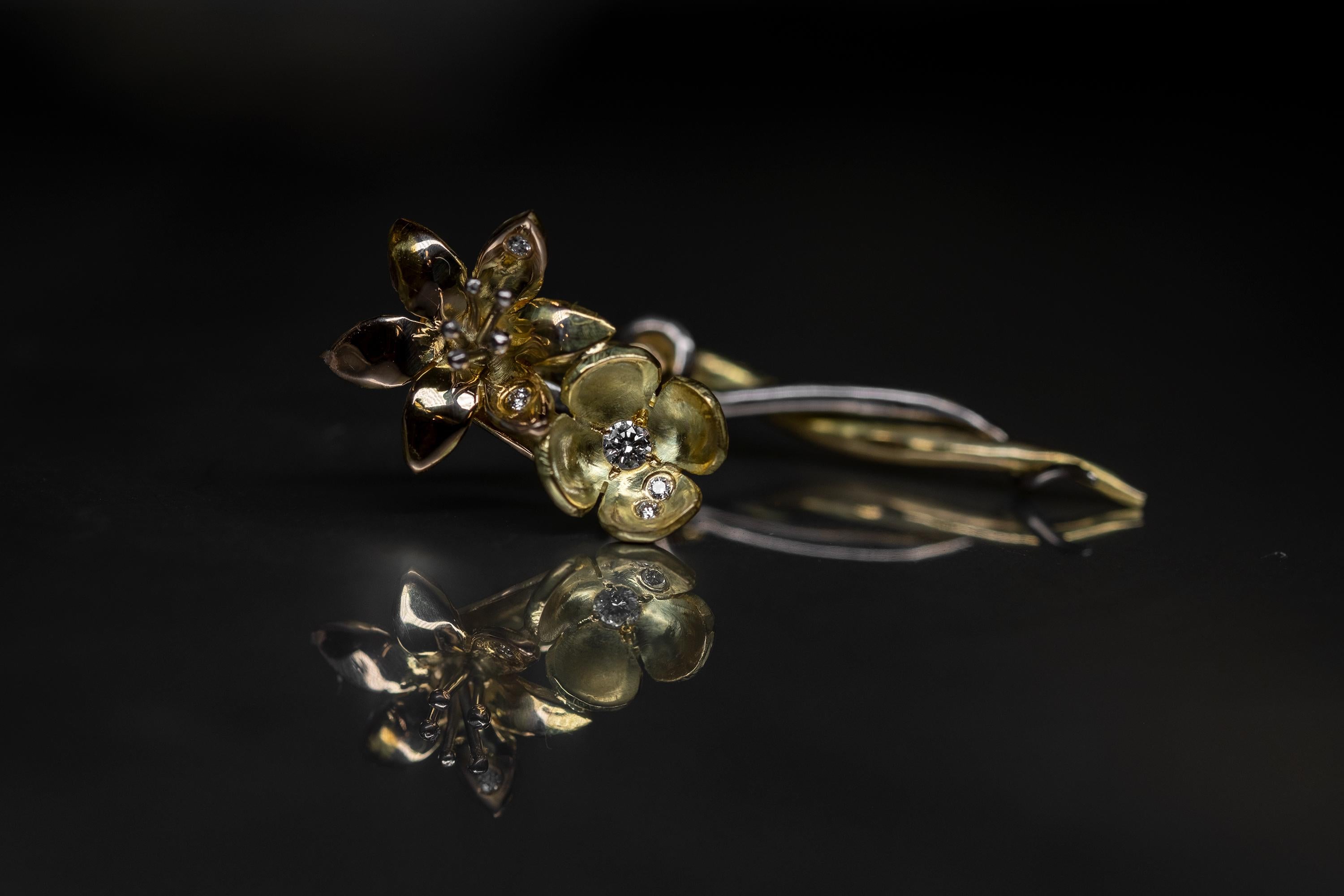 18K Fairmined Gold, Canadamark Diamonds, Handmade, Flower Earring #2 For Sale 5