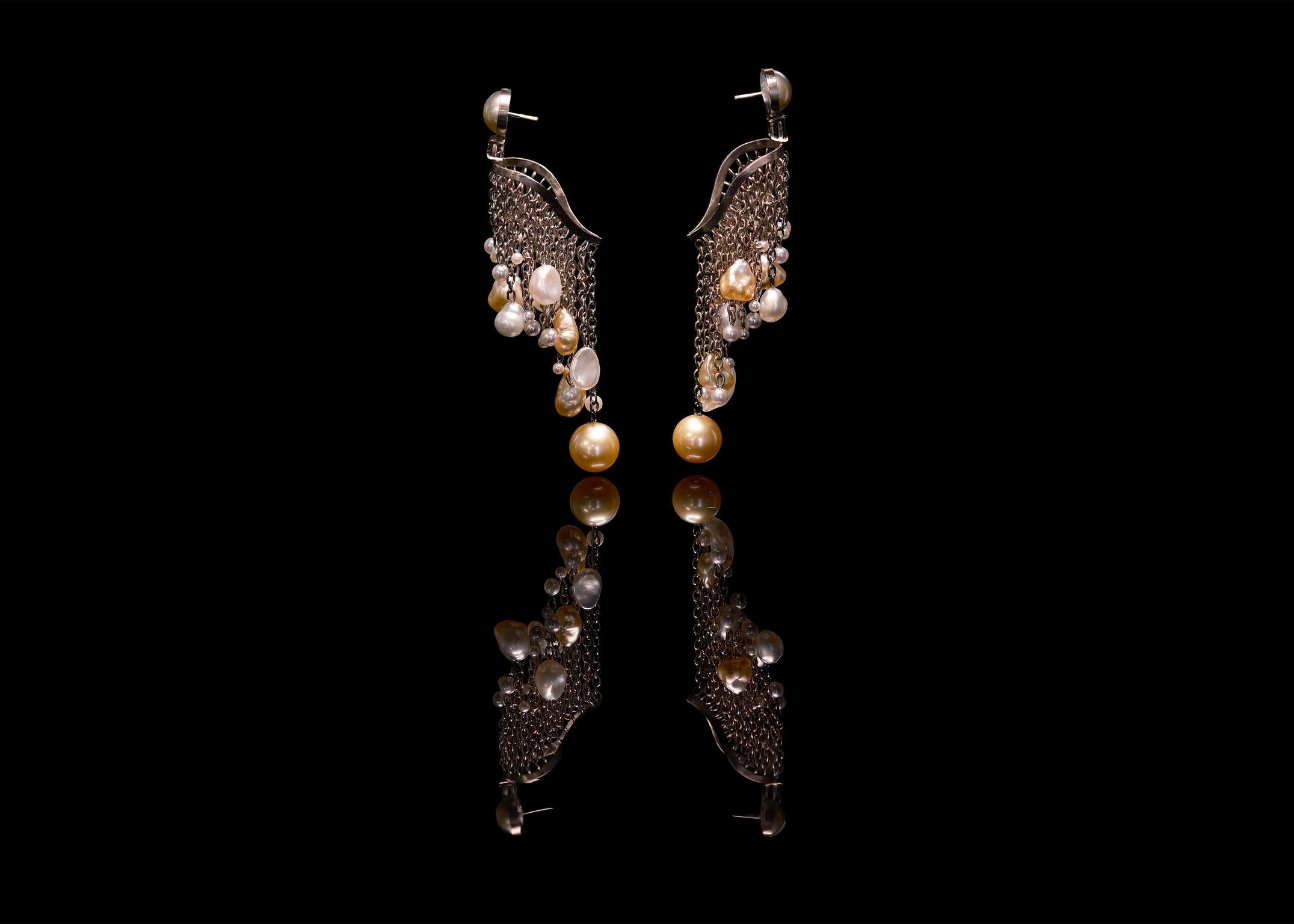 Contemporary 18K Fairmined Gold, Sustainable Pearls, 1.67ct Ocean Diamonds, “medusa” Earrings For Sale