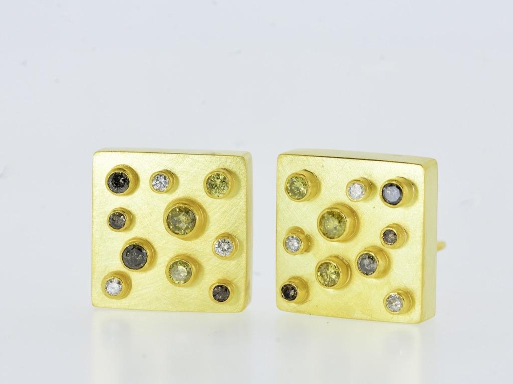 Brilliant Cut 18K & Fancy Colored Diamond Vintage Modernist Earrings, Erich Zimmerman, c 2000 For Sale