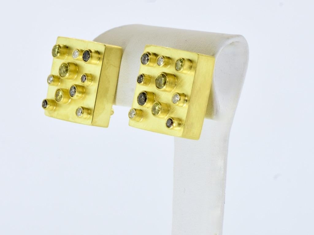 Women's or Men's 18K & Fancy Colored Diamond Vintage Modernist Earrings, Erich Zimmerman, c 2000 For Sale