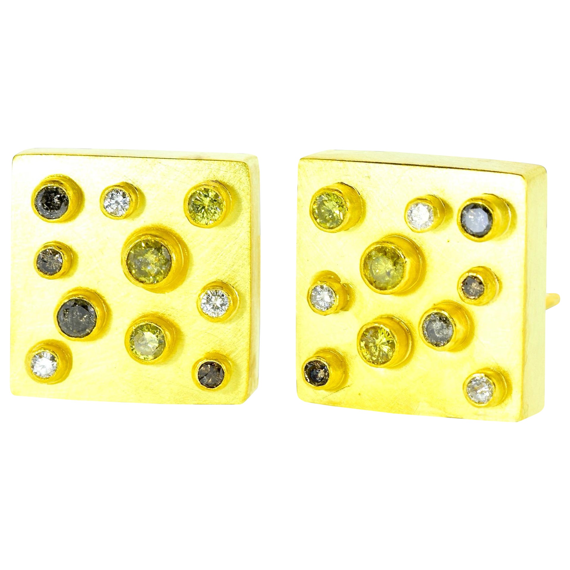 18K 
Fancy Colored Diamond Vintage Modernist Earrings, Erich Zimmerman, c 2000