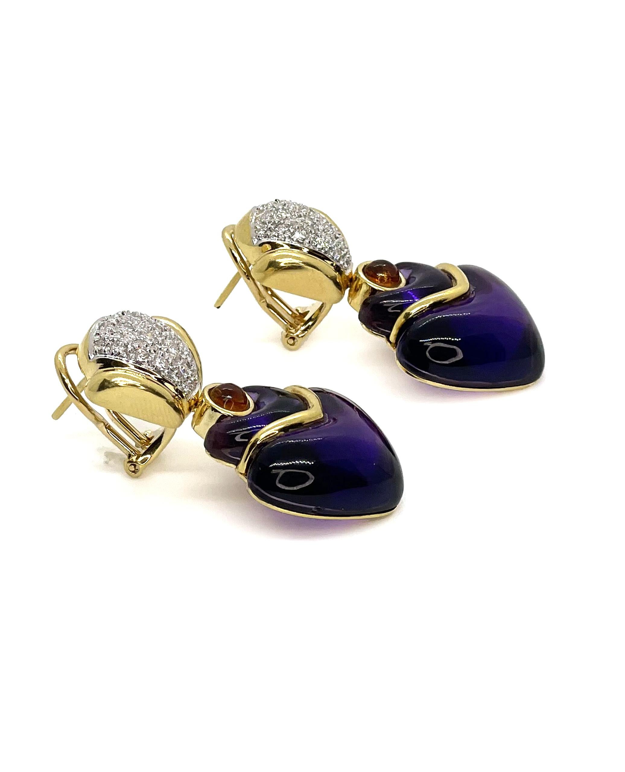 Pair of one of a kind 18K yellow gold earrings with two fancy cut heart cabochon amethysts, two round cabochon citrines and 40 round pave set diamonds 0.59 carat (G/H color, VS2/SI1 clarity).

-Amethysts are approximately 20.00x20.11mm