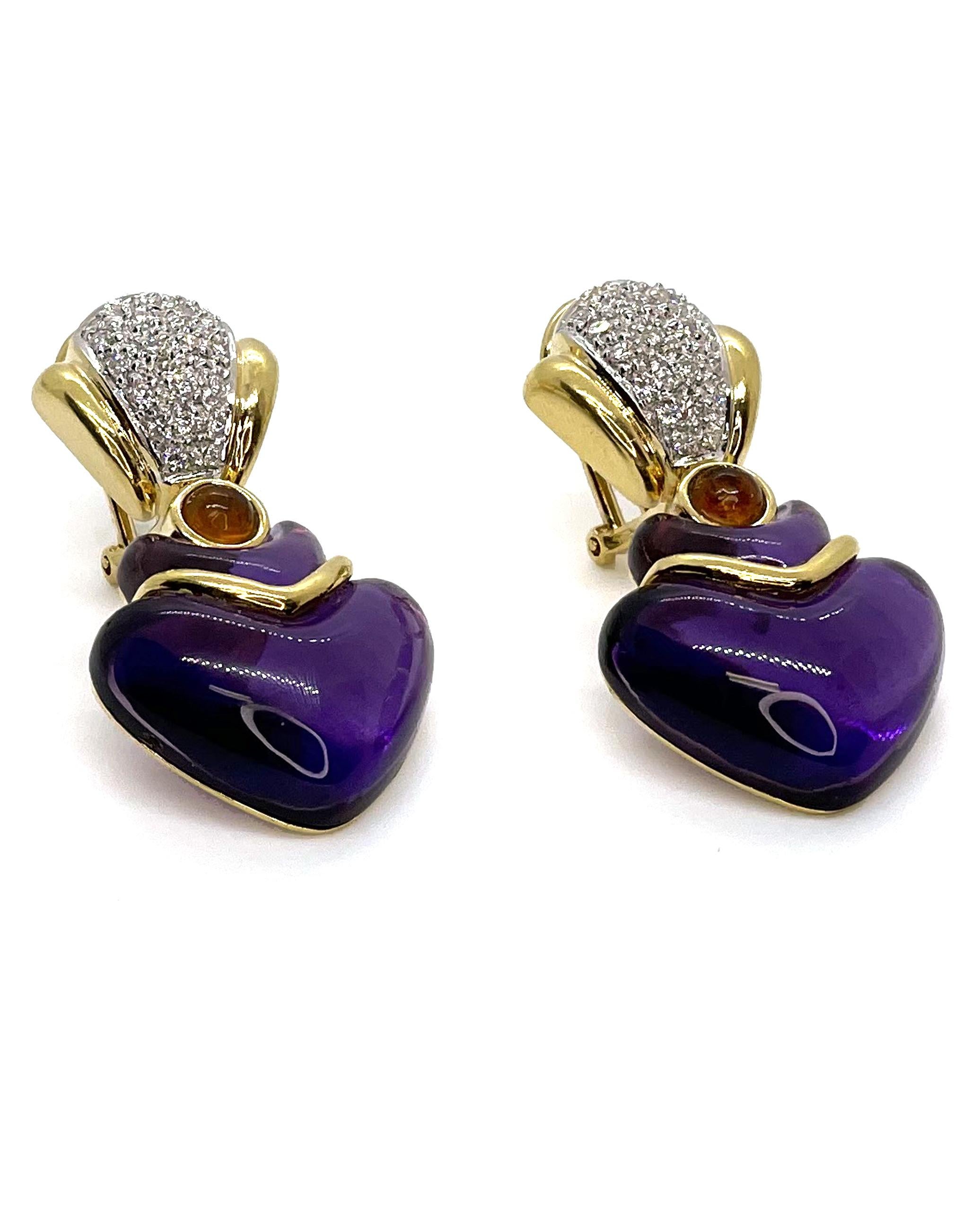 Women's 18k Fancy Cut Cabochon Amethyst Earrings For Sale