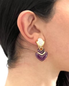 Heart Shape Fancy Cut Cabochon Amethyst Drop 18k Earrings Diamonds & Citrines