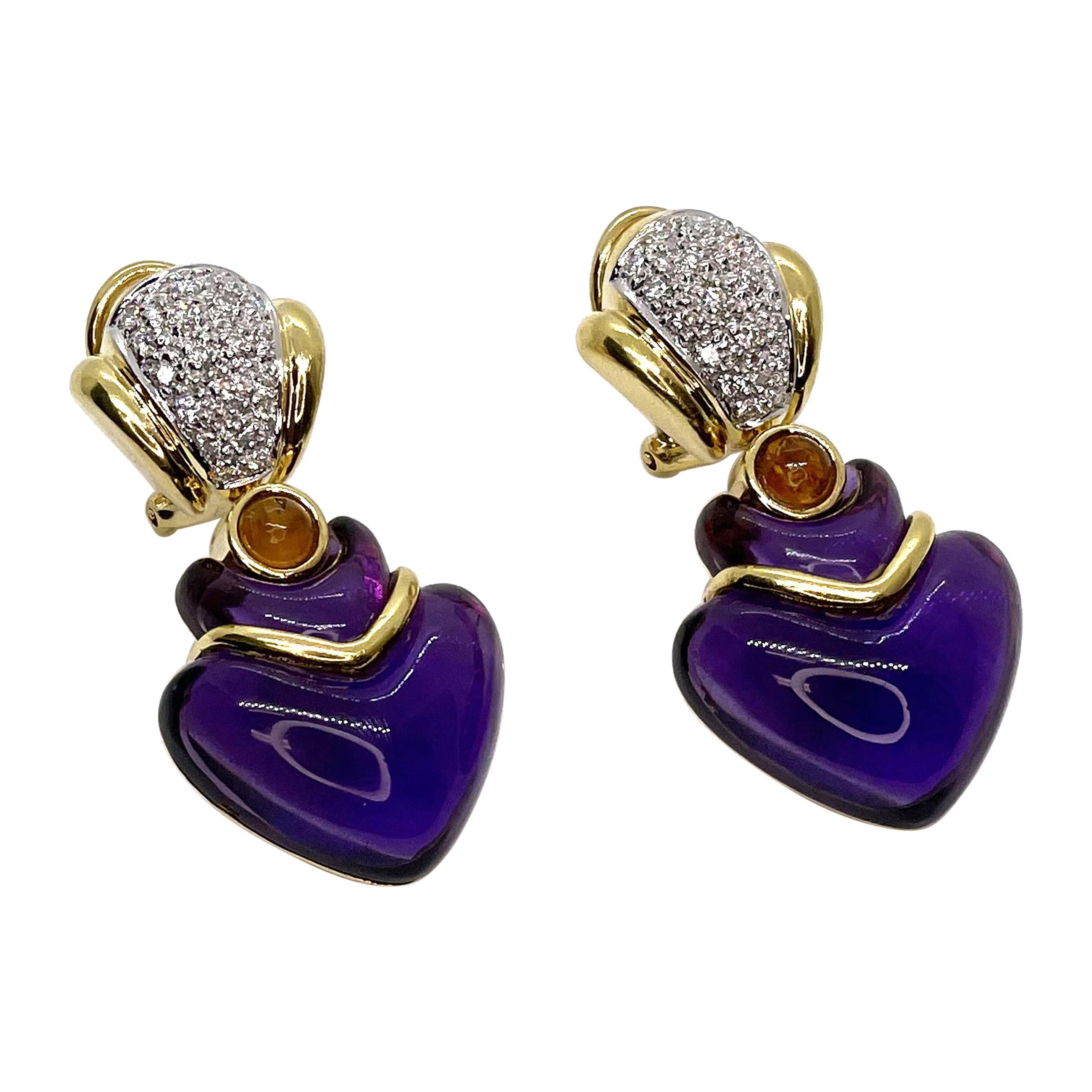 Heart Shape Amethyst Drop Earrings, 18k Fancy Cut Cabochon, Diamonds and Citrine