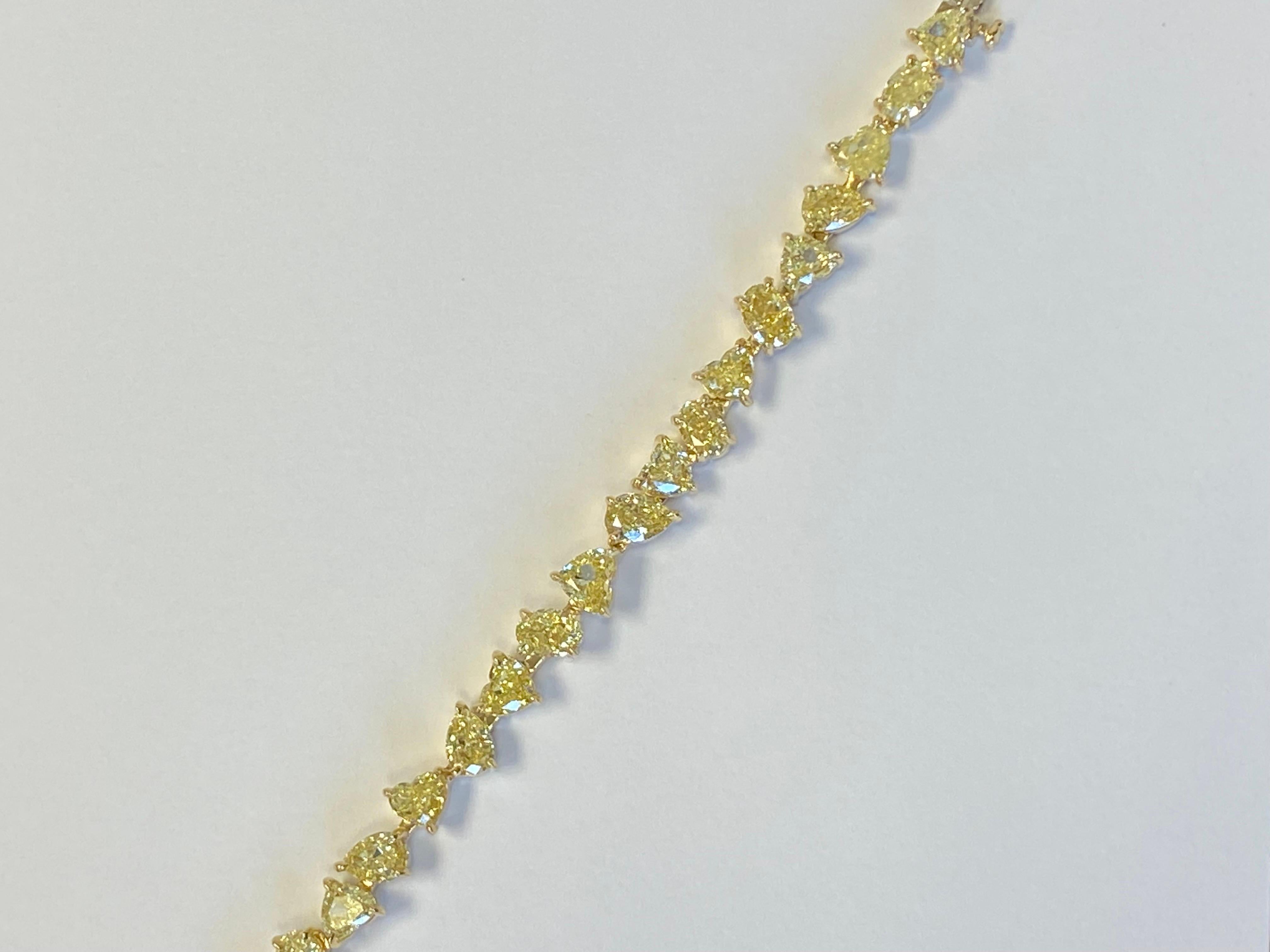 Heart Cut 18K Fancy Yellow Diamond Tennis Bracelet 15 Carats For Sale