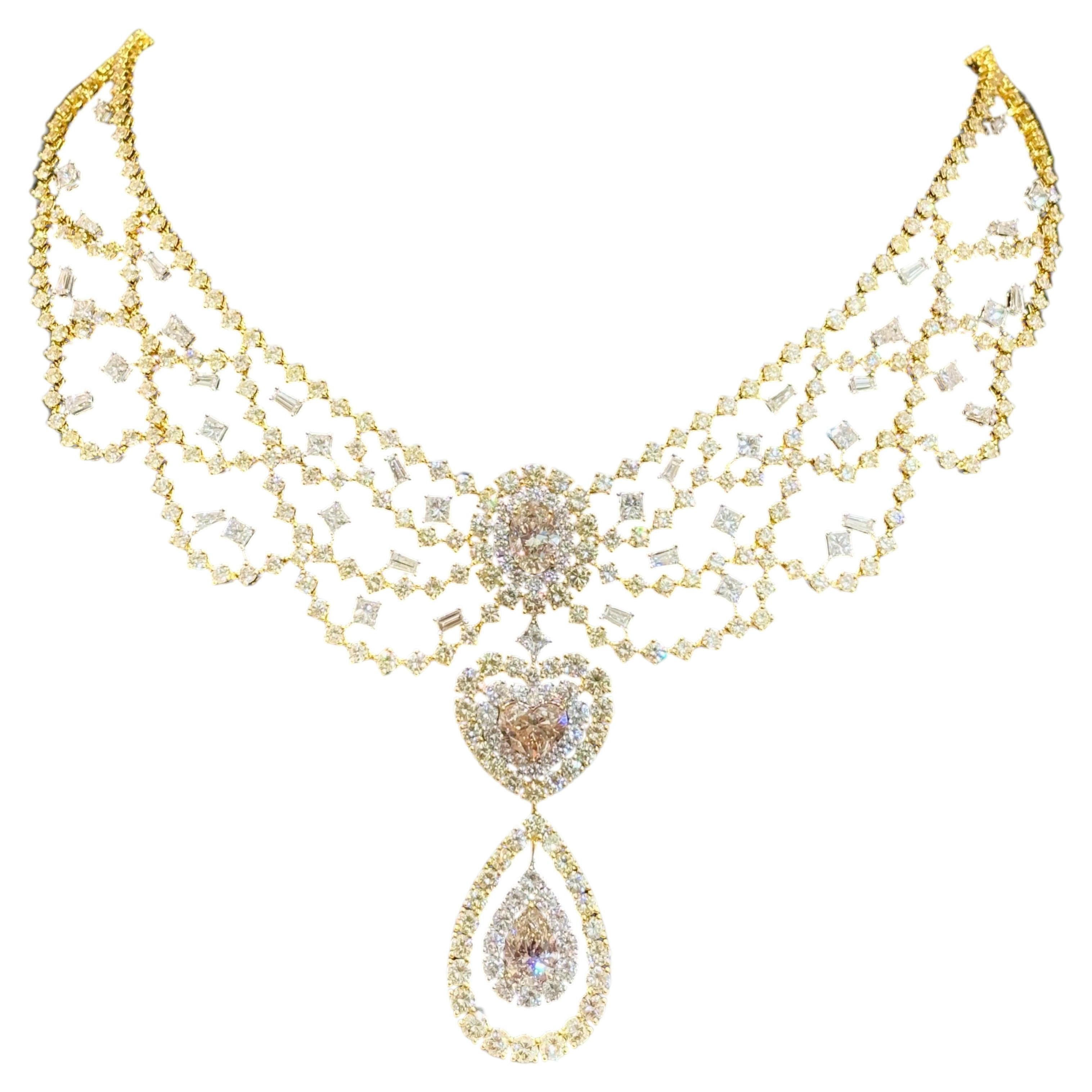 Collana a cascata di diamanti bianchi gialli 18k Fancy 32,00ct Forma ovale a cuore e pera