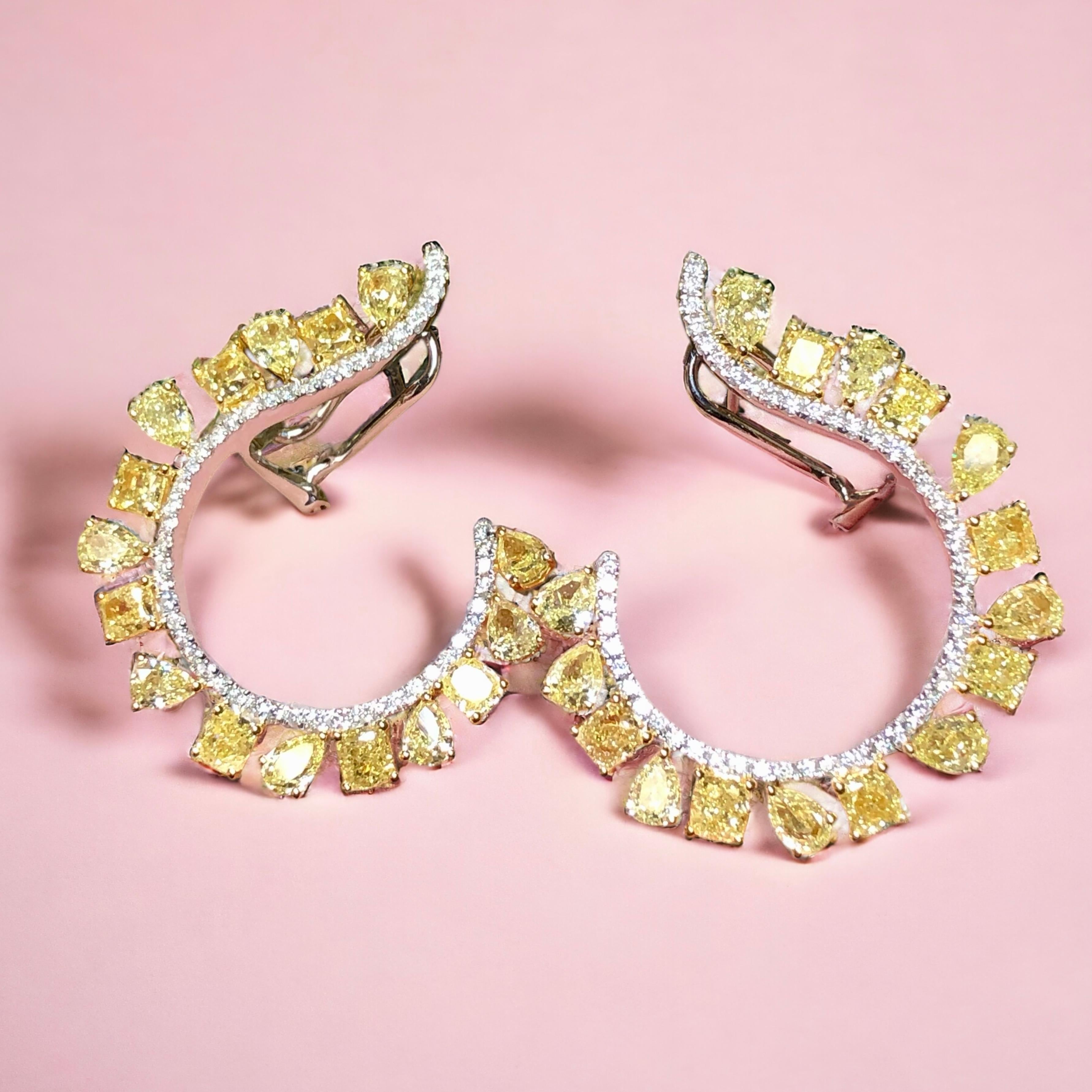 18K FANCY Yellow White Pear Diamond Curved Huggie Omega Back Earrings 7.50cttw For Sale 4