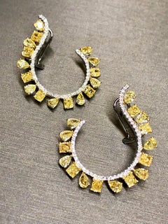 18K FANCY Yellow White Pear Diamond Curved Huggie Omega Back Earrings 7.50cttw