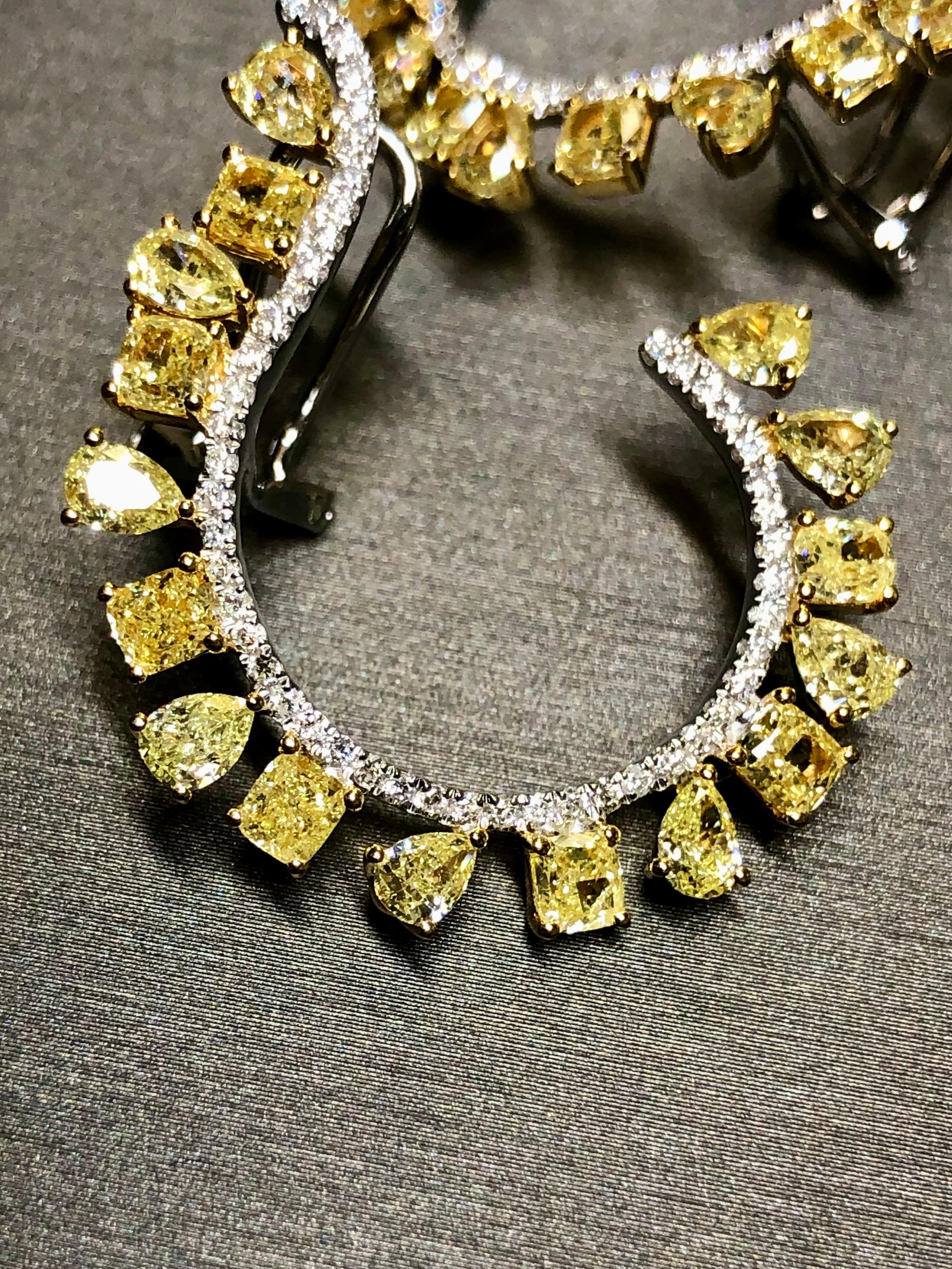 Pear Cut 18K FANCY Yellow White Pear Diamond Curved Huggie Omega Back Earrings 7.50cttw For Sale