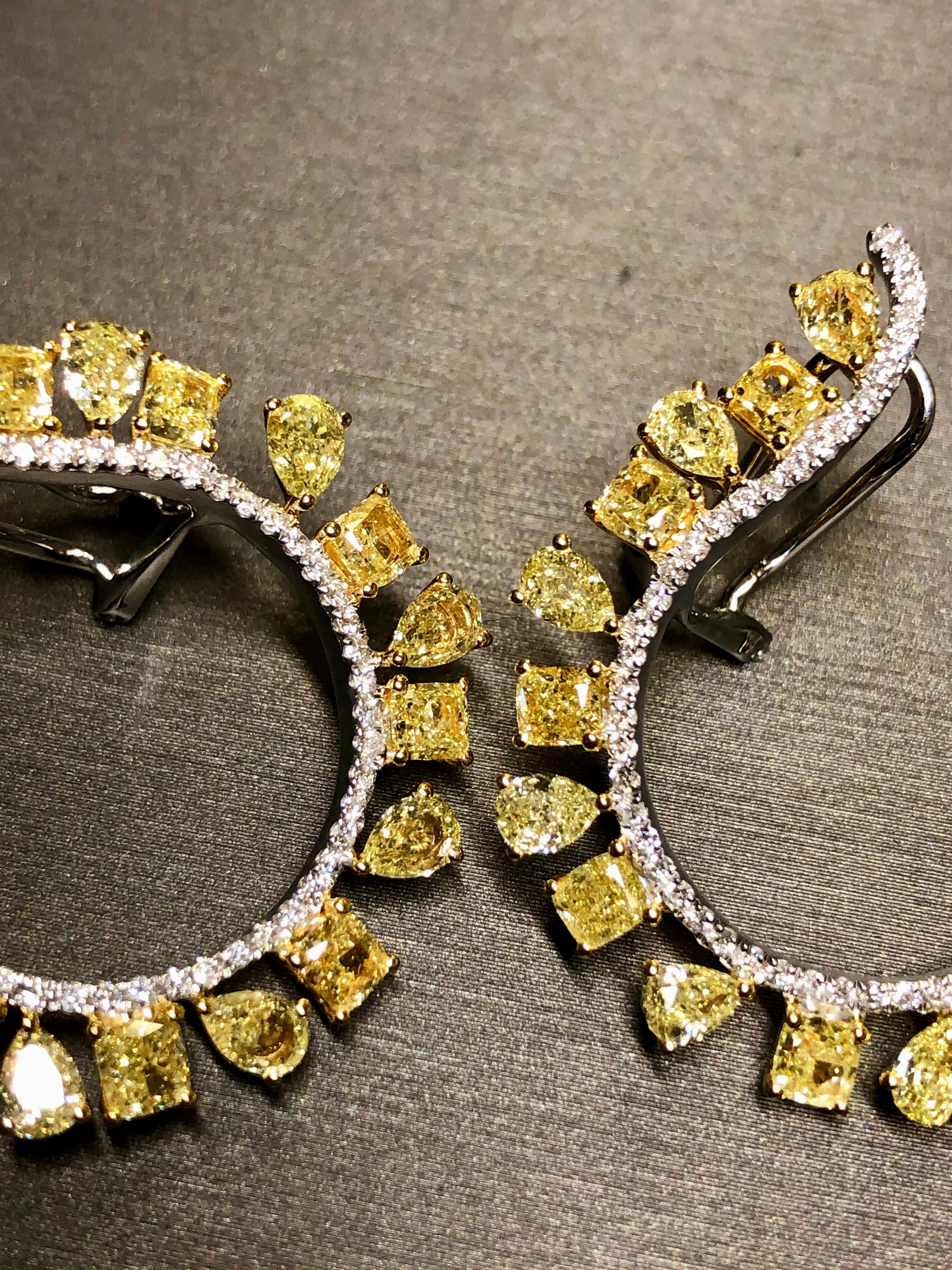 18K FANCY Yellow White Pear Diamond Curved Huggie Omega Back Earrings 7.50cttw In Excellent Condition For Sale In Winter Springs, FL