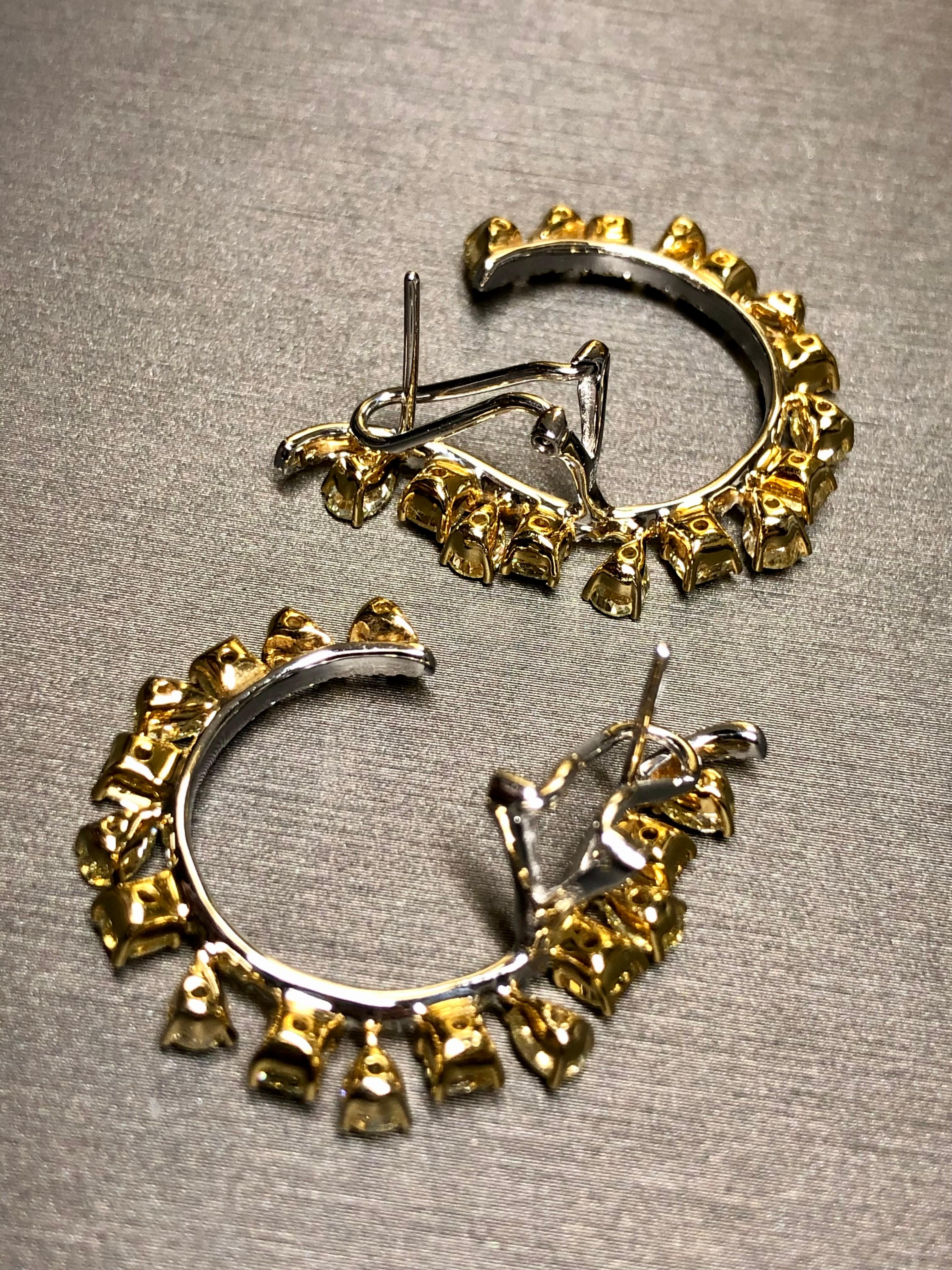 Women's or Men's 18K FANCY Yellow White Pear Diamond Curved Huggie Omega Back Earrings 7.50cttw For Sale