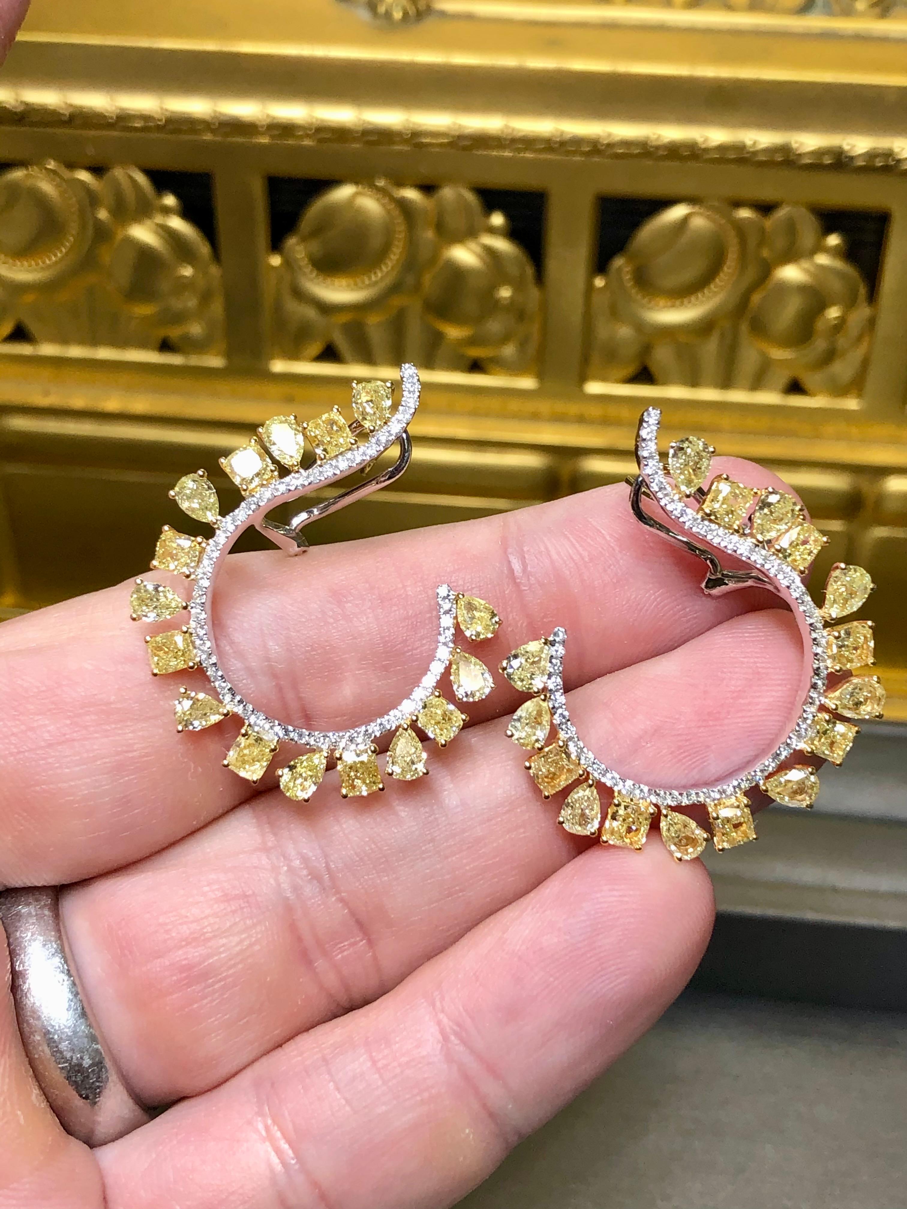 18K FANCY Yellow White Pear Diamond Curved Huggie Omega Back Earrings 7.50cttw For Sale 1