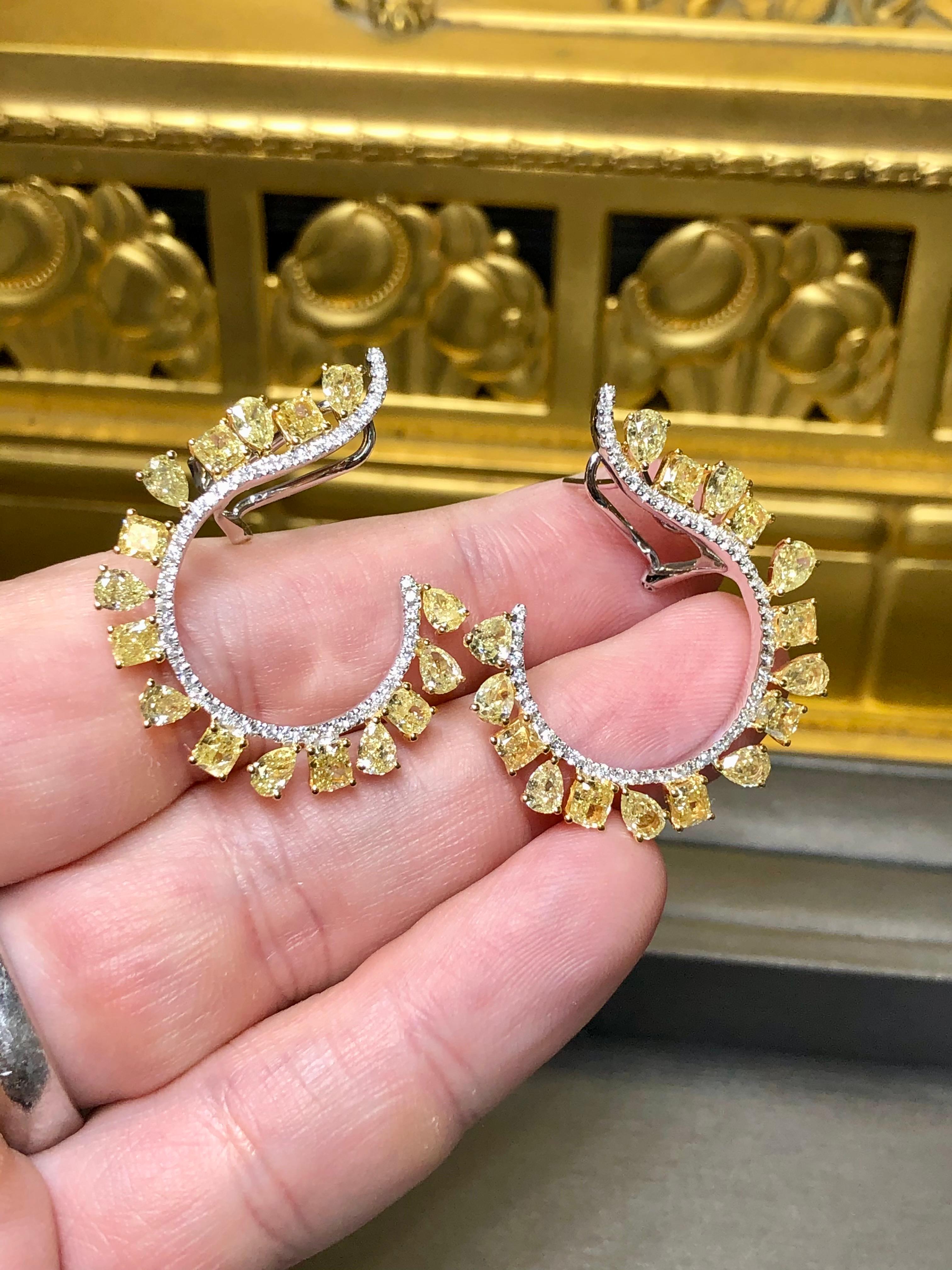18K FANCY Yellow White Pear Diamond Curved Huggie Omega Back Earrings 7.50cttw For Sale 3
