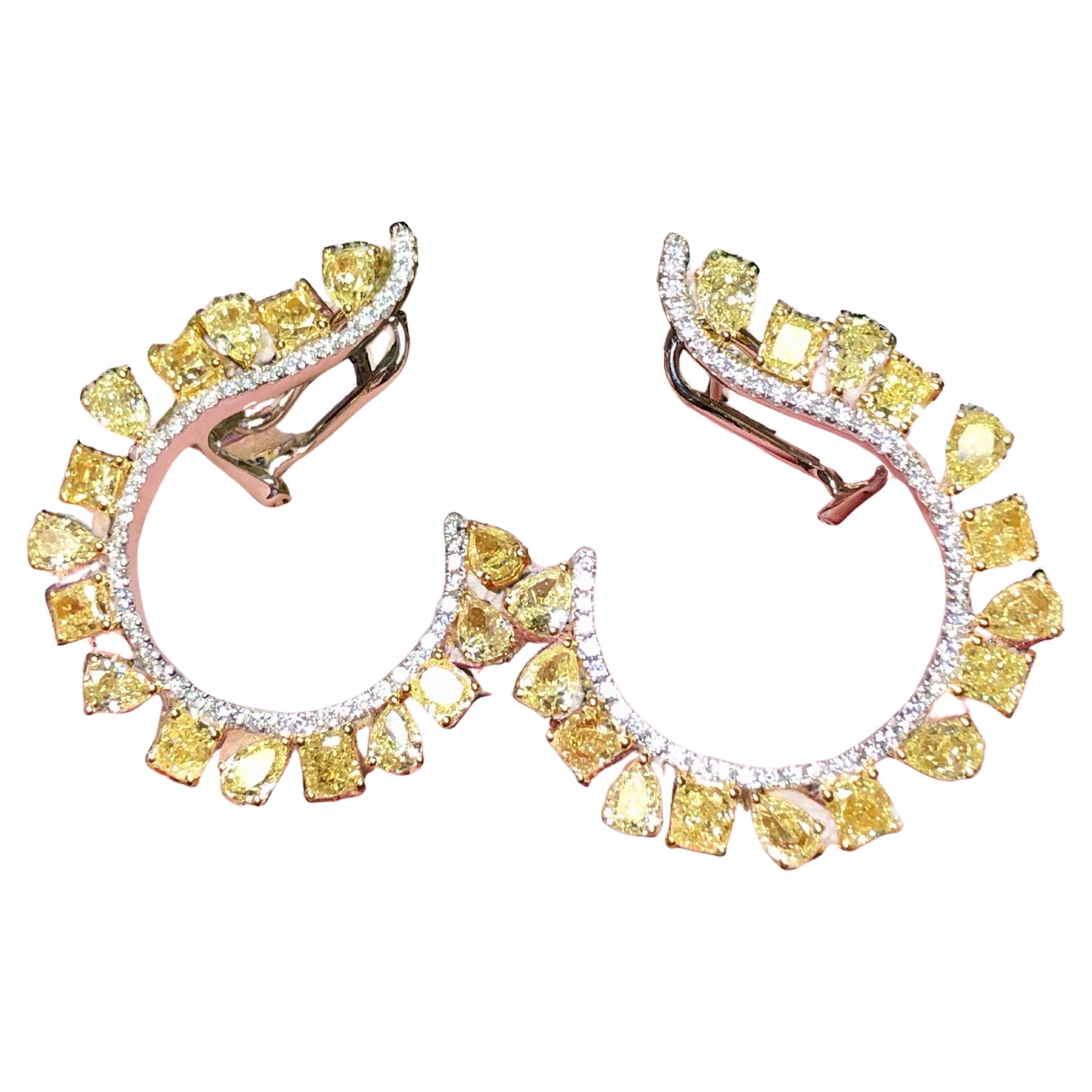 18K FANCY Yellow White Pear Diamond Curved Huggie Omega Back Earrings 7.50cttw For Sale