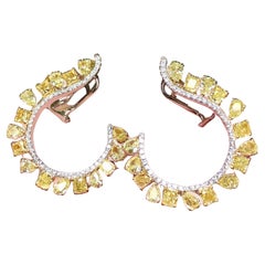 18K FANCY Yellow White Pear Diamond Curved Huggie Omega Back Earrings 7.50cttw