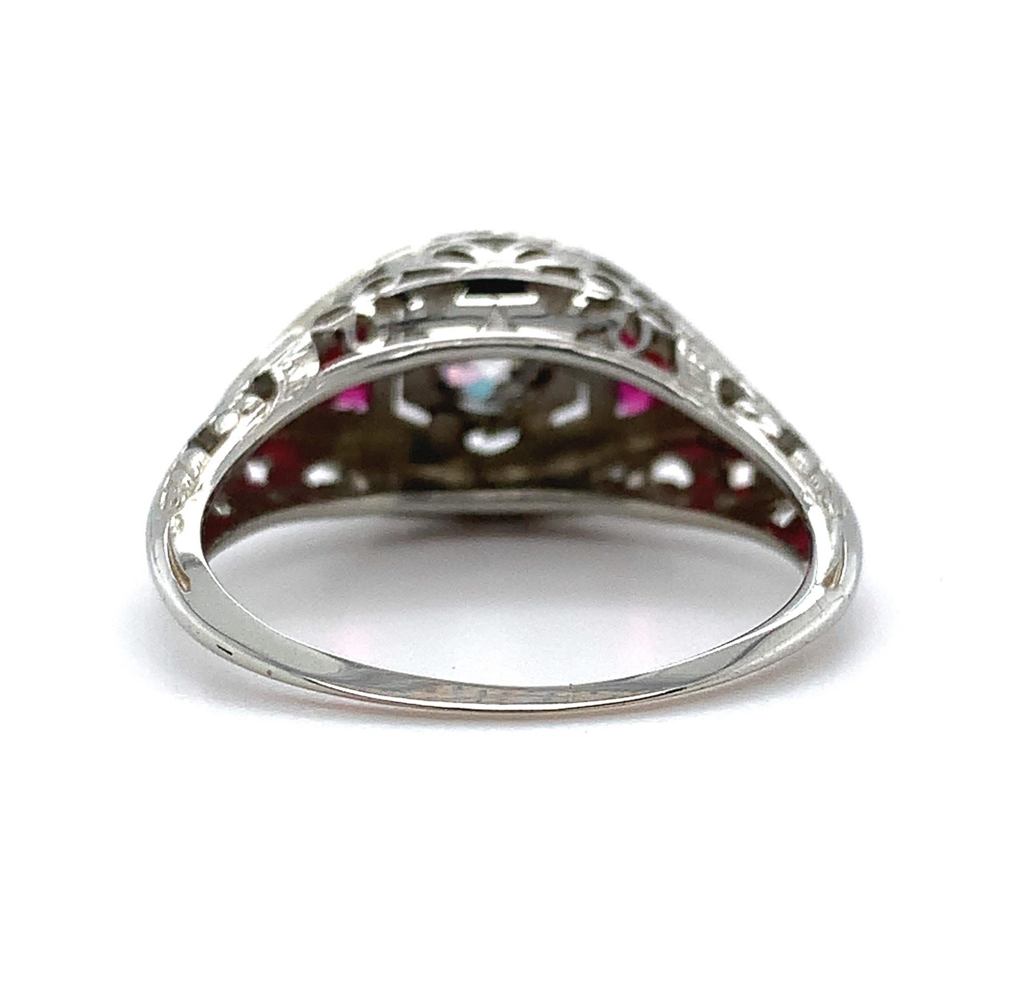Art Deco 18K Filigree .30ct Diamond Ring with Synth Ruby For Sale