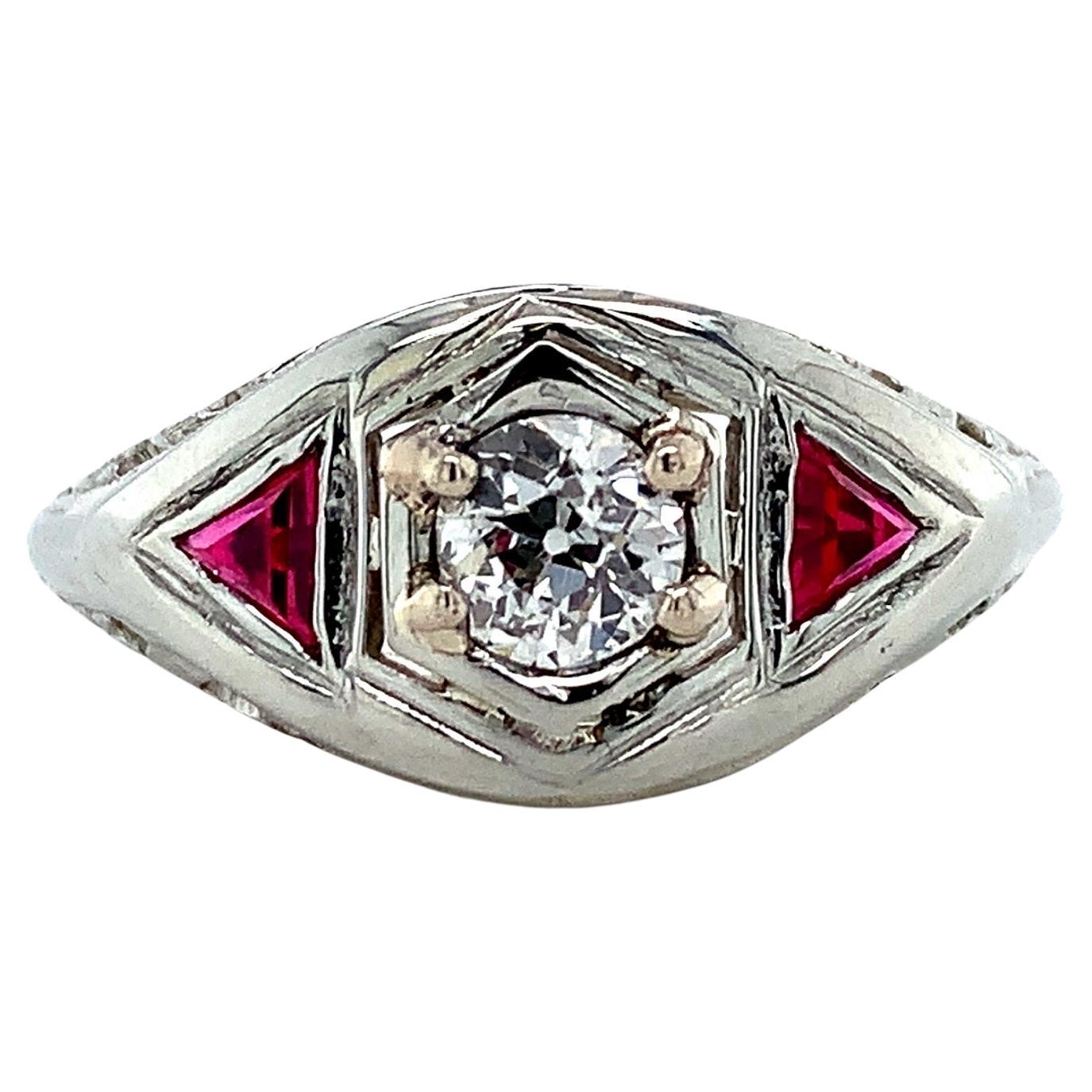 18K Filigree .30ct Diamond Ring with Synth Ruby For Sale