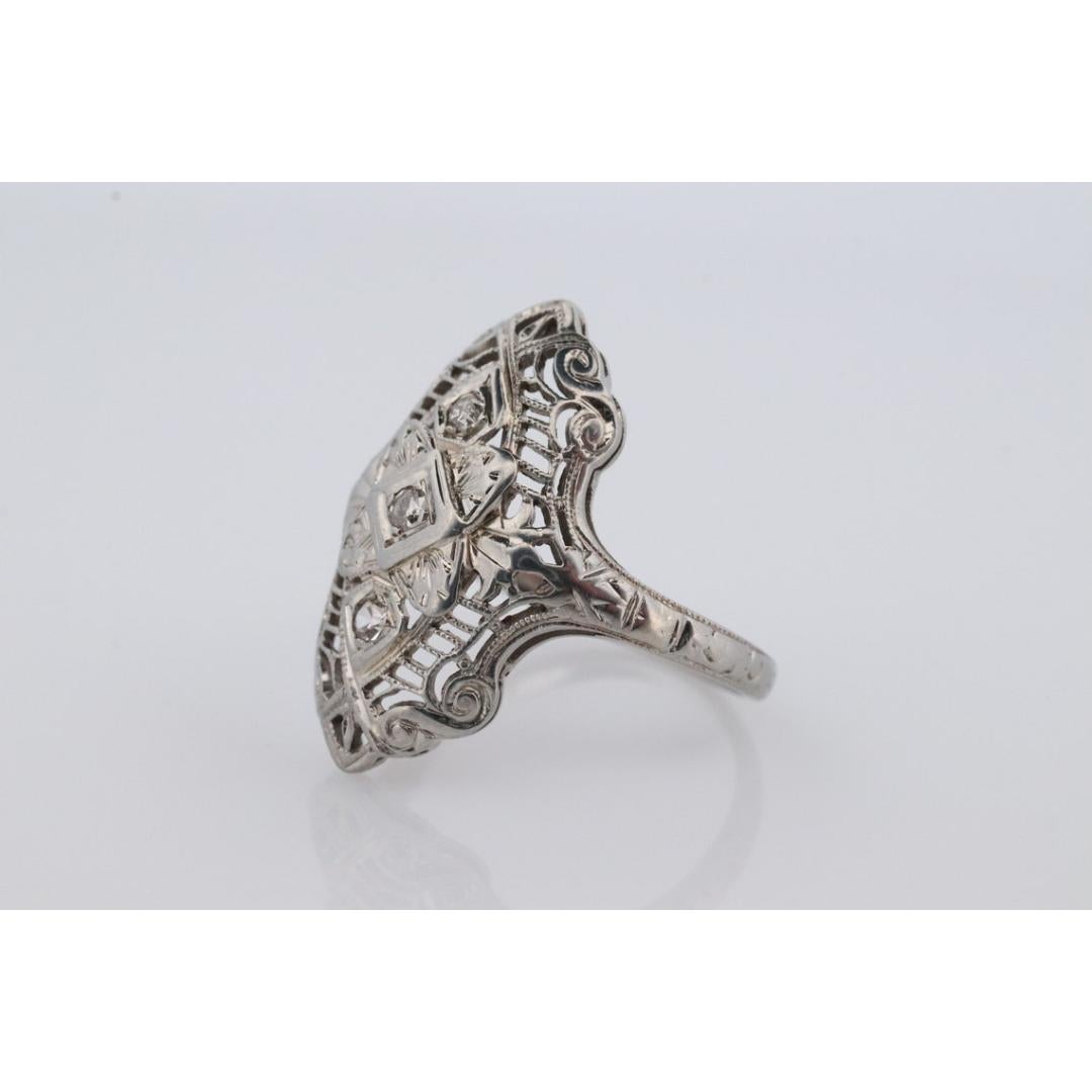 Women's or Men's 18k Filigree three diamond shield ring. 18k Art Deco trio triple diamond shield For Sale