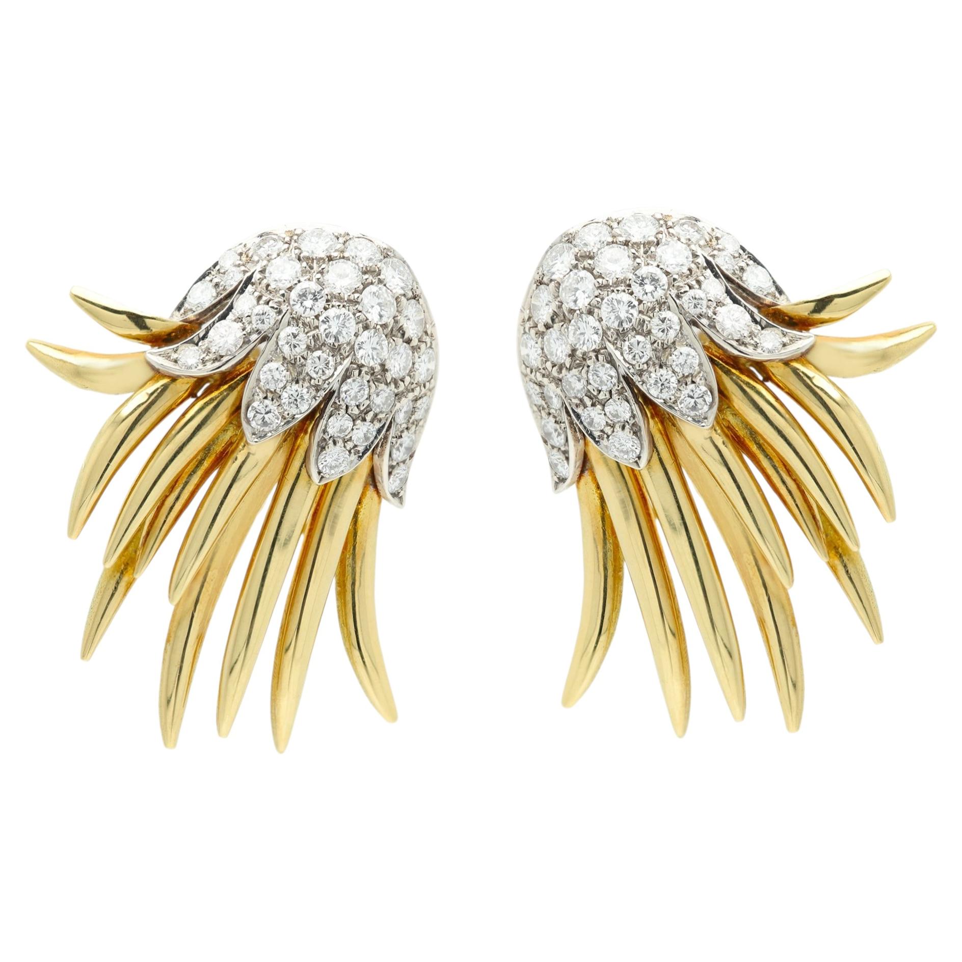 18k Fire Flame Free Style Earrings White and Yellow Gold Natural Diamonds