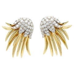 18k Fire Flame Free Style Earrings White and Yellow Gold Natural Diamonds