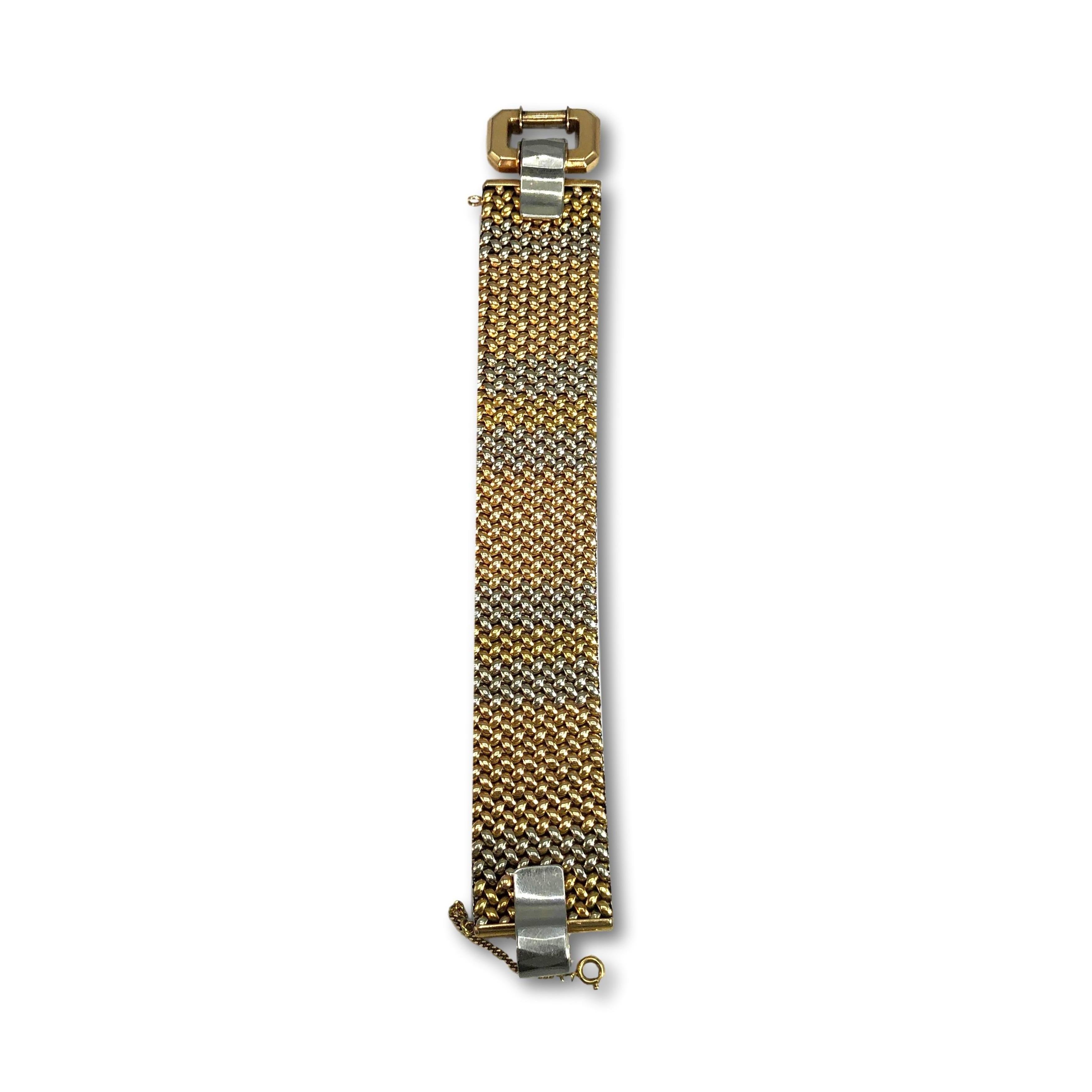 18 Karat Flexible Tri-Colored Gold Bracelet For Sale 1