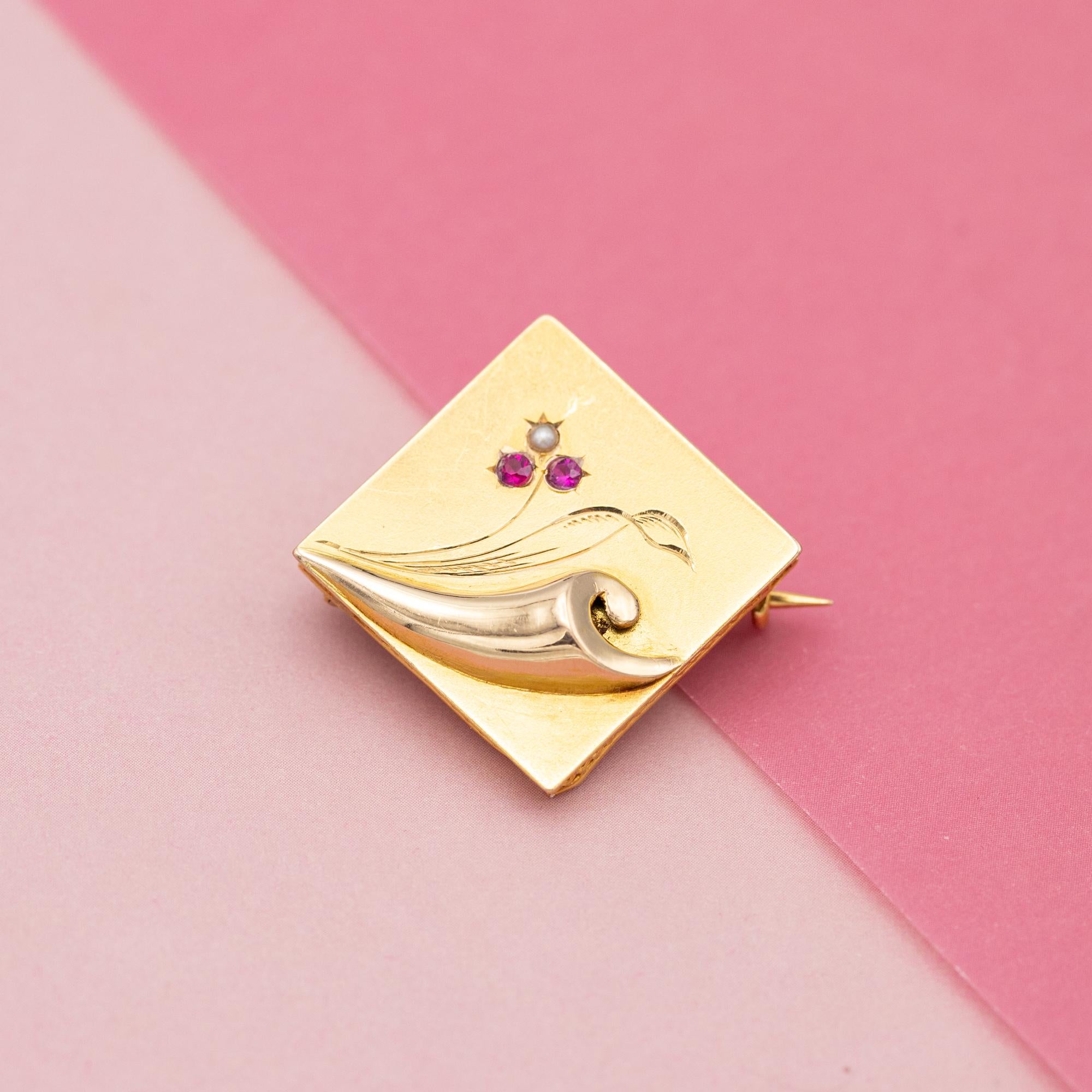 18k Floral Art Nouveau Brooch - Victorian solid gold pin - antique square 2