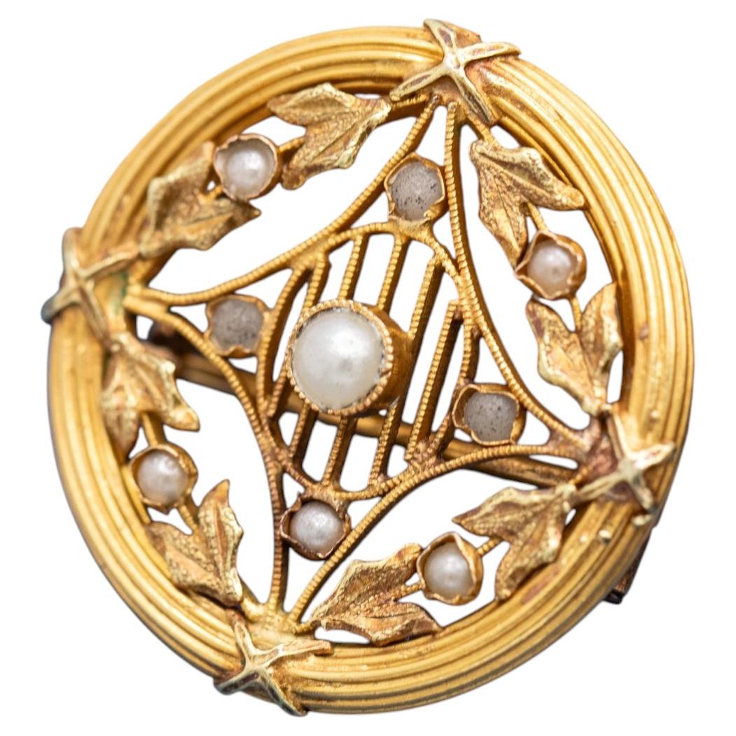 18k Floral Art Nouveau Brooch - Victorian solid gold pin - Napoleon III