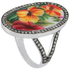 Bague florale en or 18 carats, émail et diamants