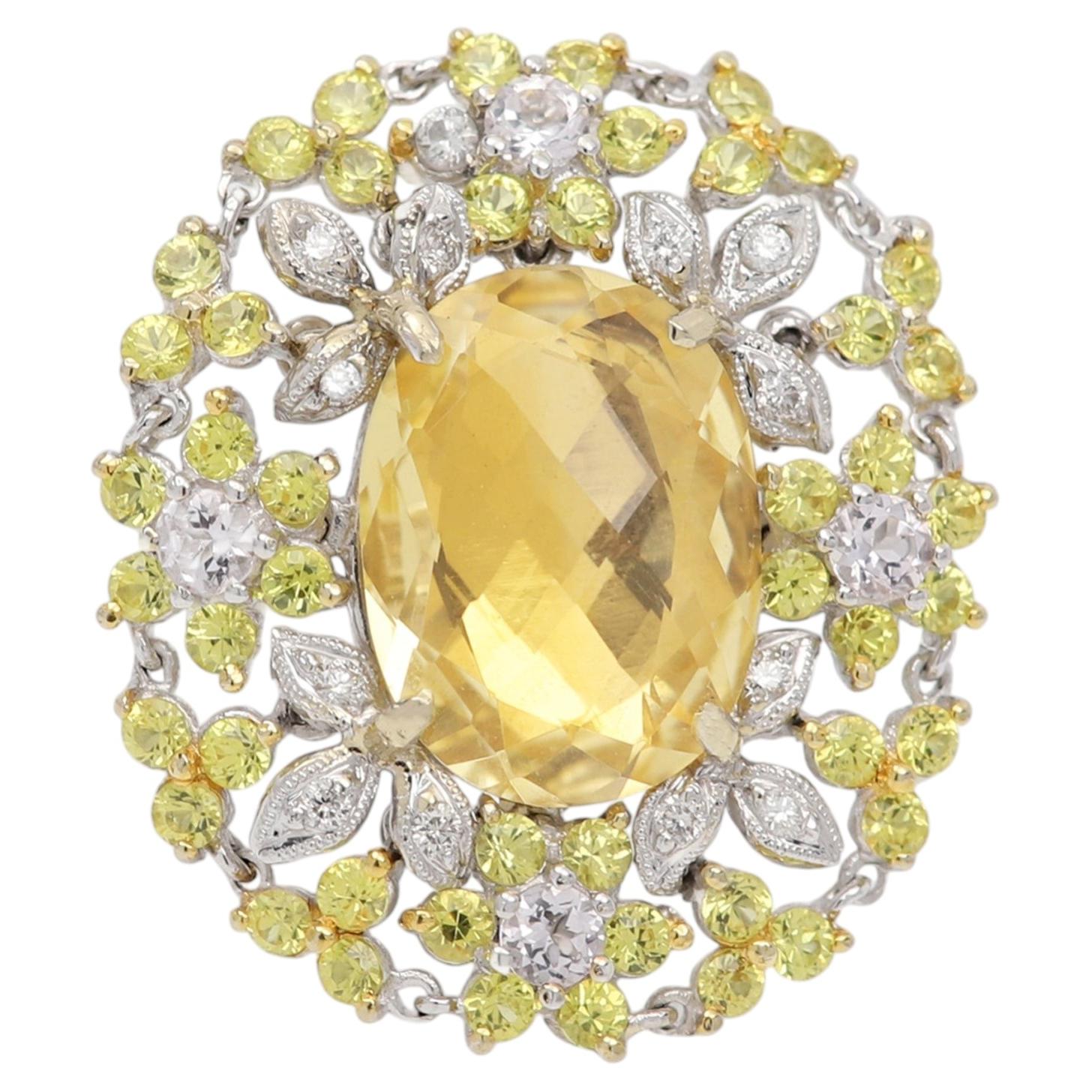 18k Floral Yellow Ring with Sapphire and Diamonds Solid Gold For Sale