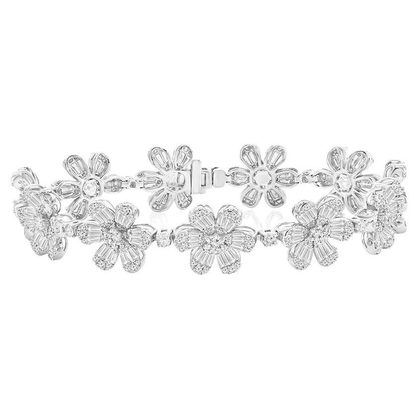 18K Flower Baguette Bracelet 5.50 Carats For Sale