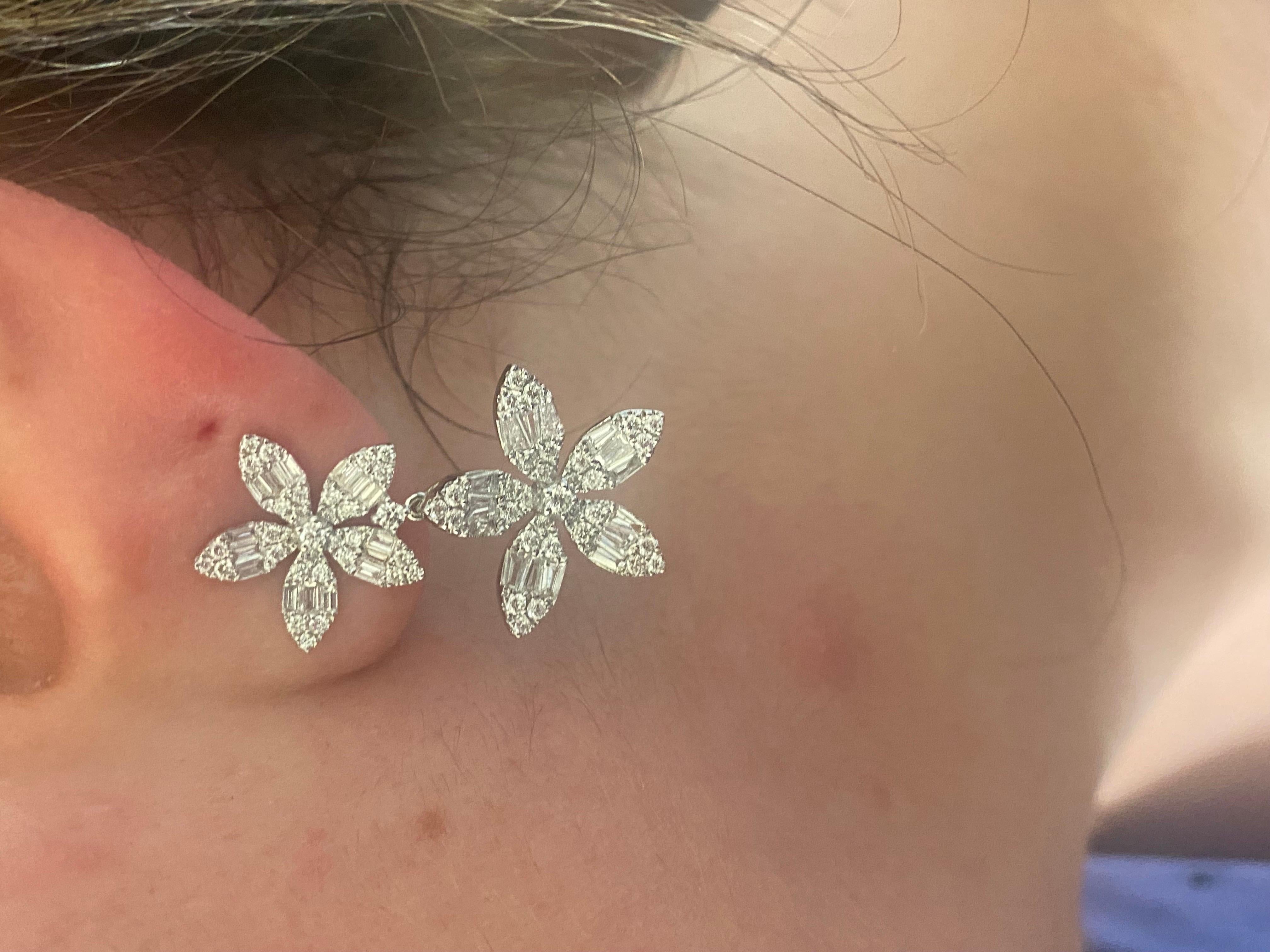 Modern 18K Flower Baguettes Drop Earrings For Sale