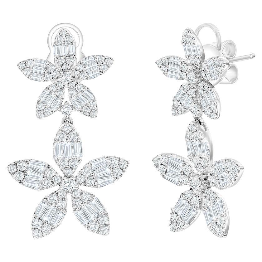 18K Flower Baguettes Drop Earrings For Sale