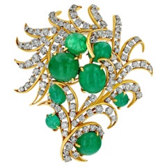 18K Flower Brooch with Diamonds and Emerald