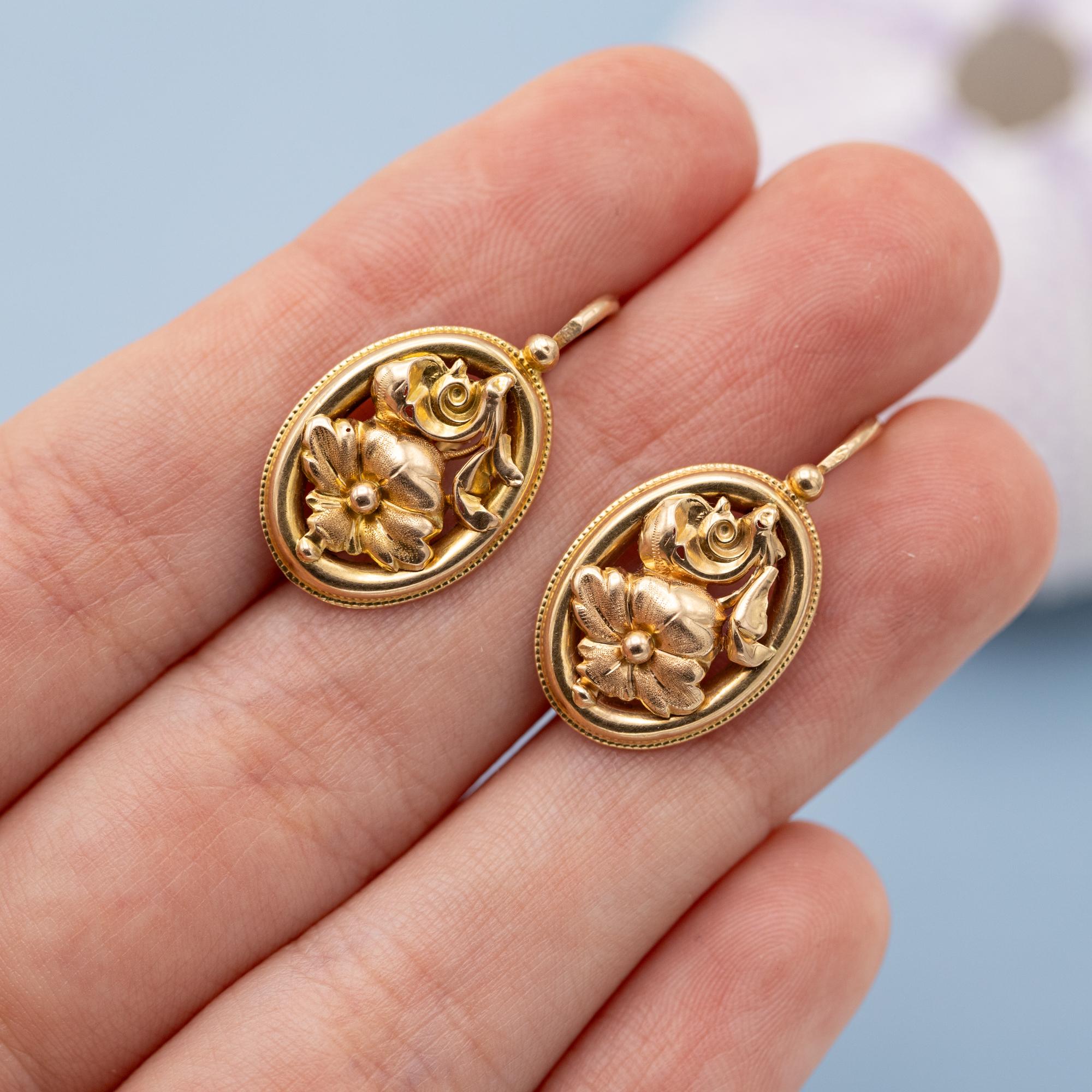 18K flower earrings - Antique floral dangling earrings - 18 karat solid gold 3