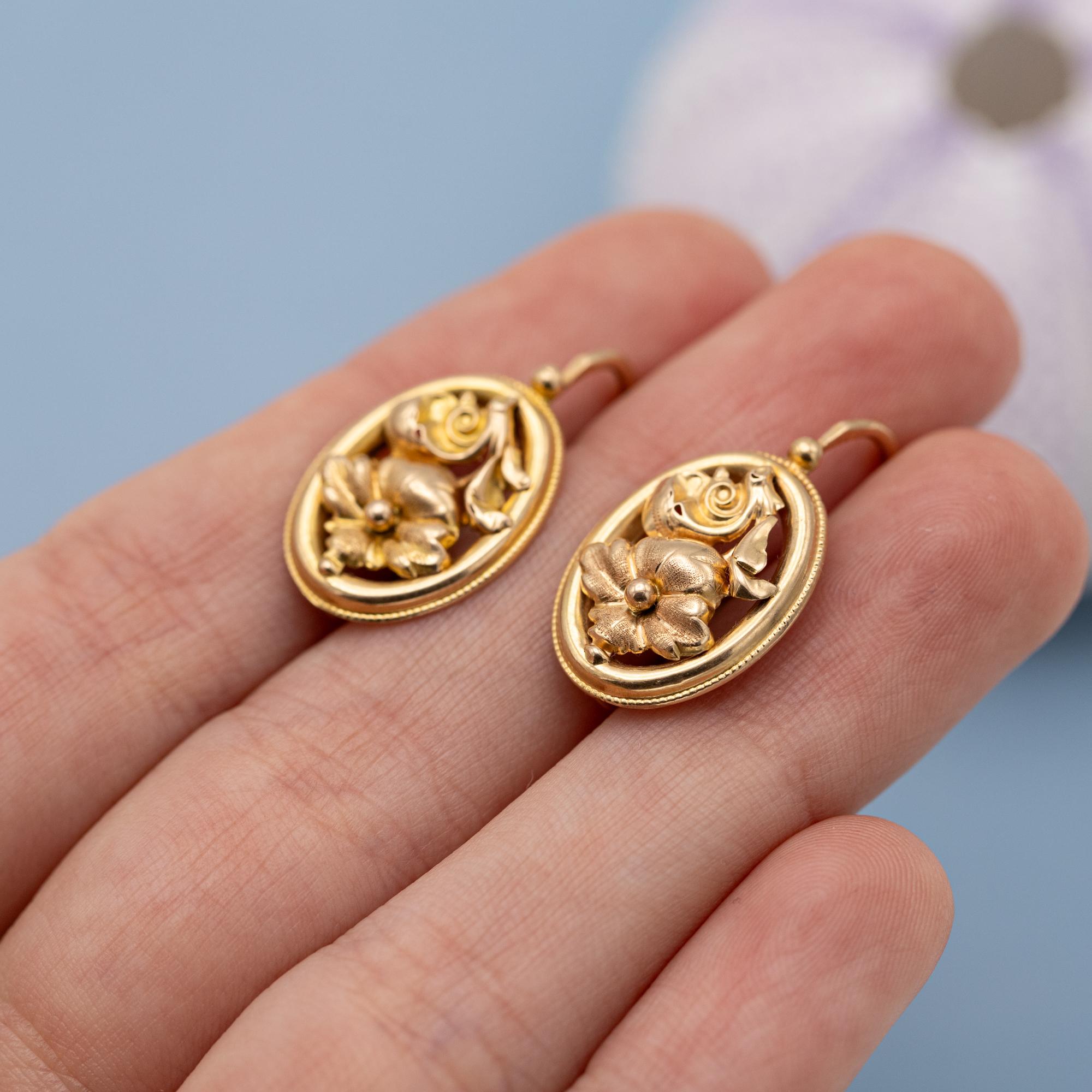 18K flower earrings - Antique floral dangling earrings - 18 karat solid gold 4