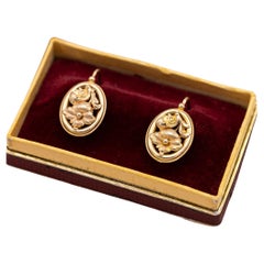 18K flower earrings - Antique floral dangling earrings - 18 karat solid gold